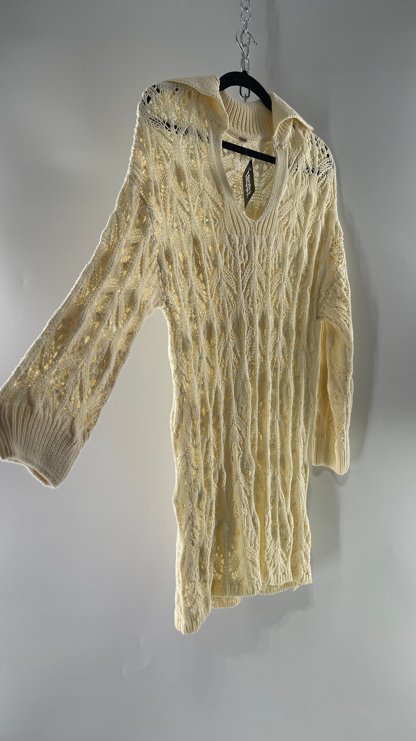Free People Baby Yellow Comfy n Cozy Open Stitch Knit Sweater Dress (XS)