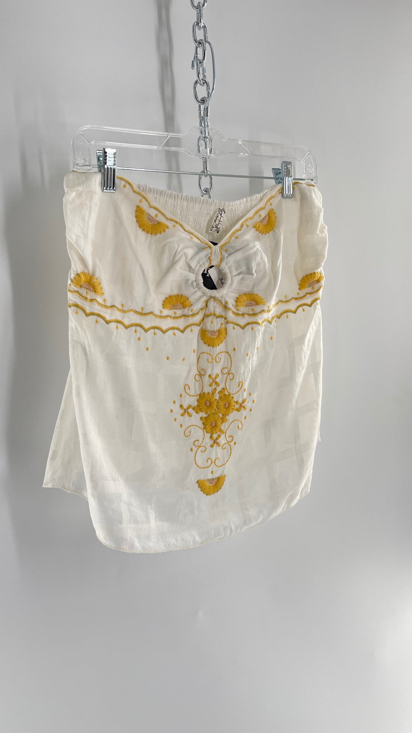 Intimately Free People White Cotton Tube Tank with Yellow Embroidered Detailing (L)