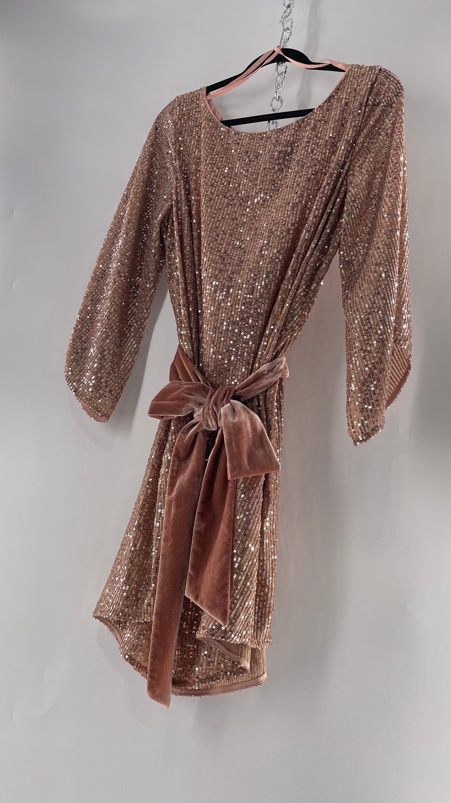 Anthropologie Rose Gold Sequin Dress with Velvet Waist Belt and Tags Attached (XL)