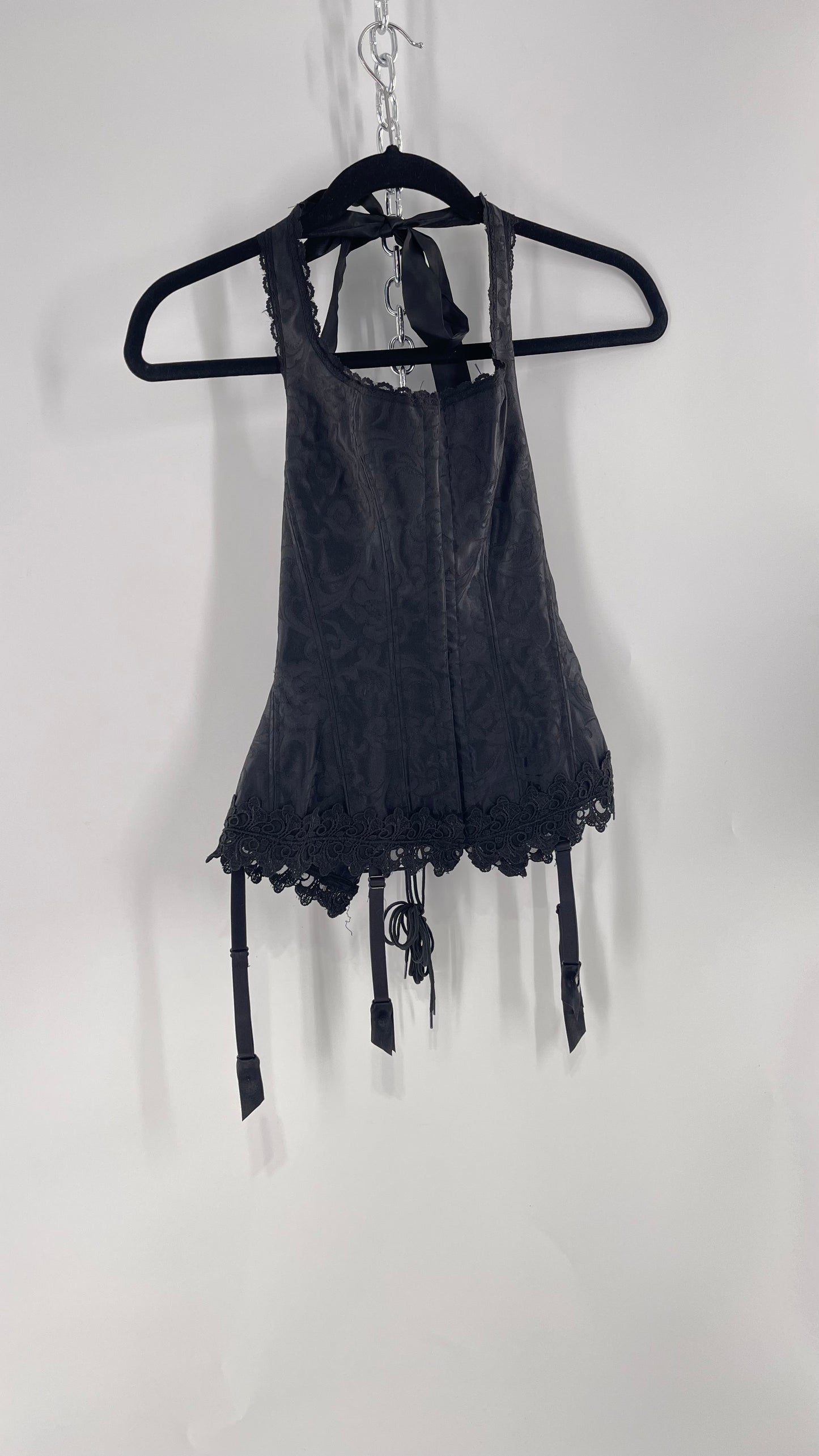 Vintage Fredericks of Hollywood Black Satin Brocade Lace Corset with Lace Tie Halter (32)