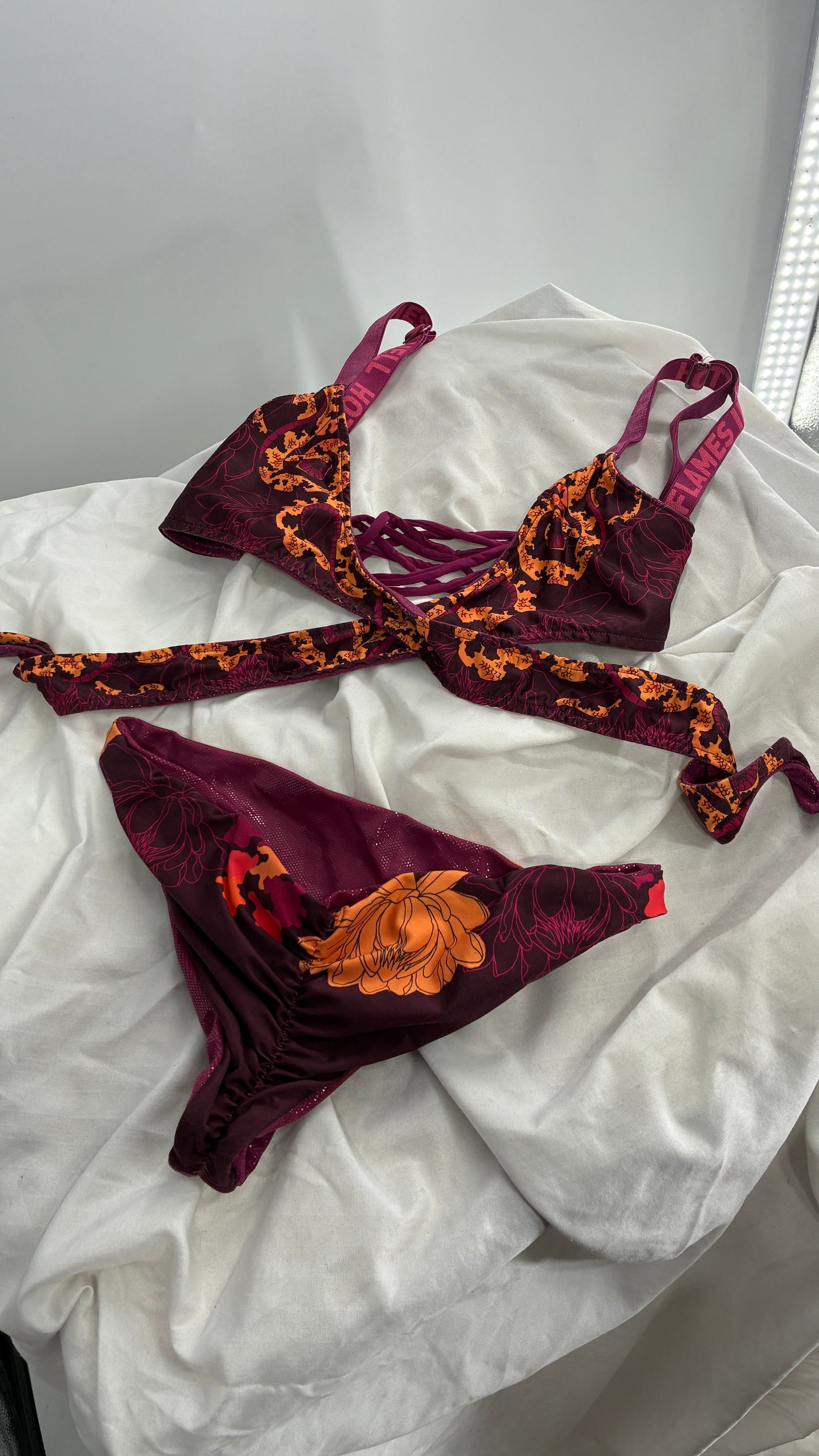 Vintage ONEONE Reversible Dragon, Sequin Ruched Tanga, Tie Around Swim Suit (Small)