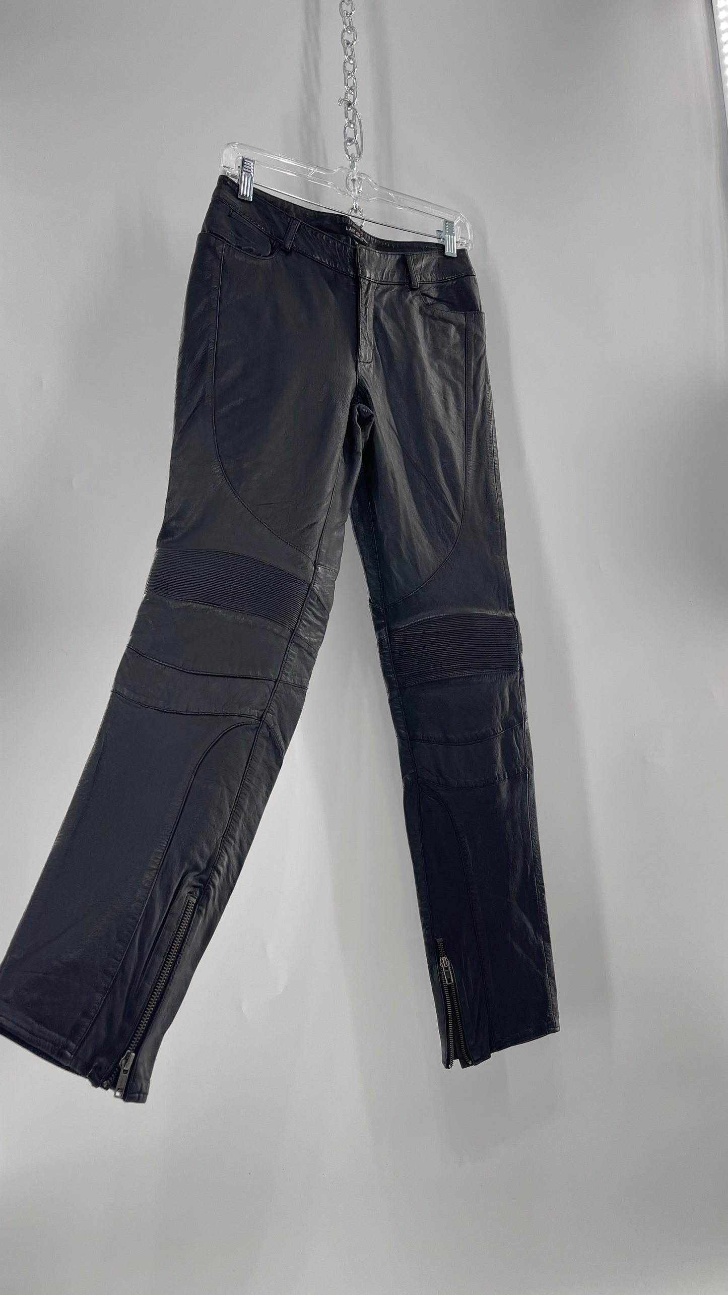 LAMARQUE 1990s Collection Vintage Black Leather Moto Style Pant with Panels, Ribbing and Zipper Details (6)