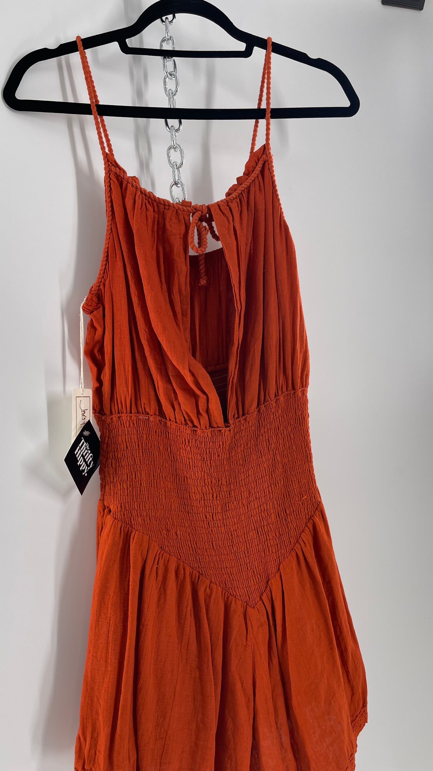 Free People Burnt Orange Smocked Pointed Waistline, Open Bust Jen’s Pirate Booty Romper Tags Attached 100% Cotton(XL)