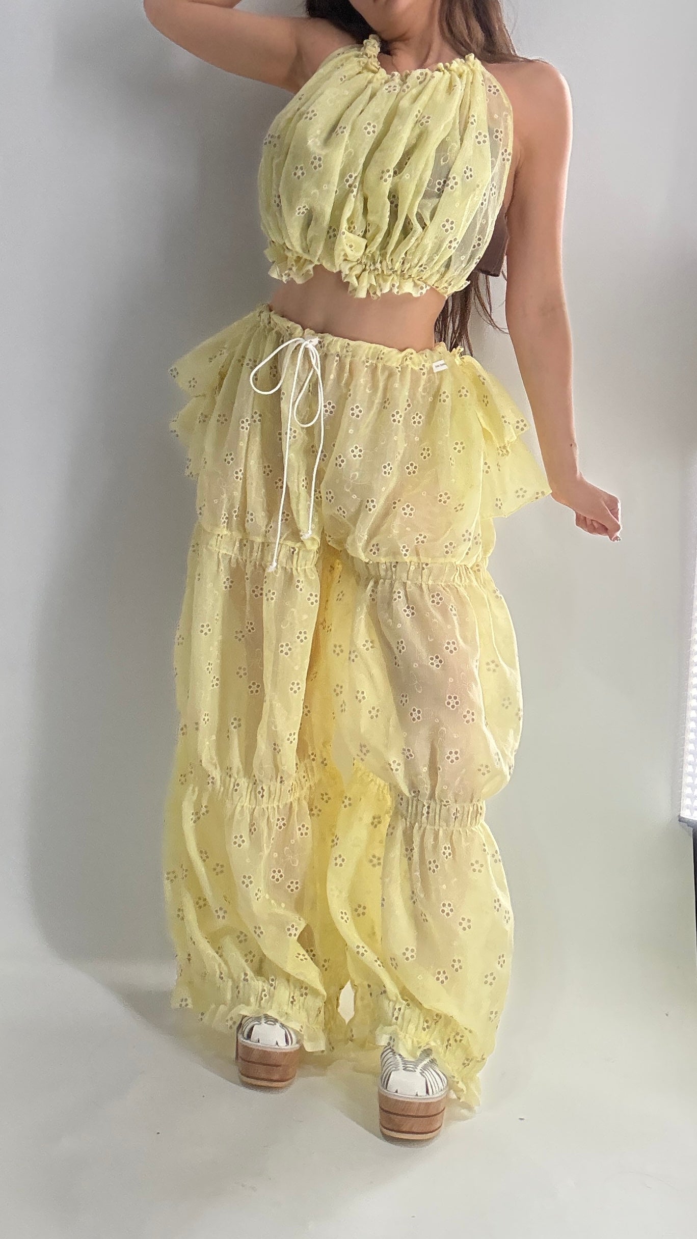 Vintage Handmade 2pc Baby Yellow Set with Tiered Pants, Ruffled Bum, and Floral Eyelet Pattern (XS-M)