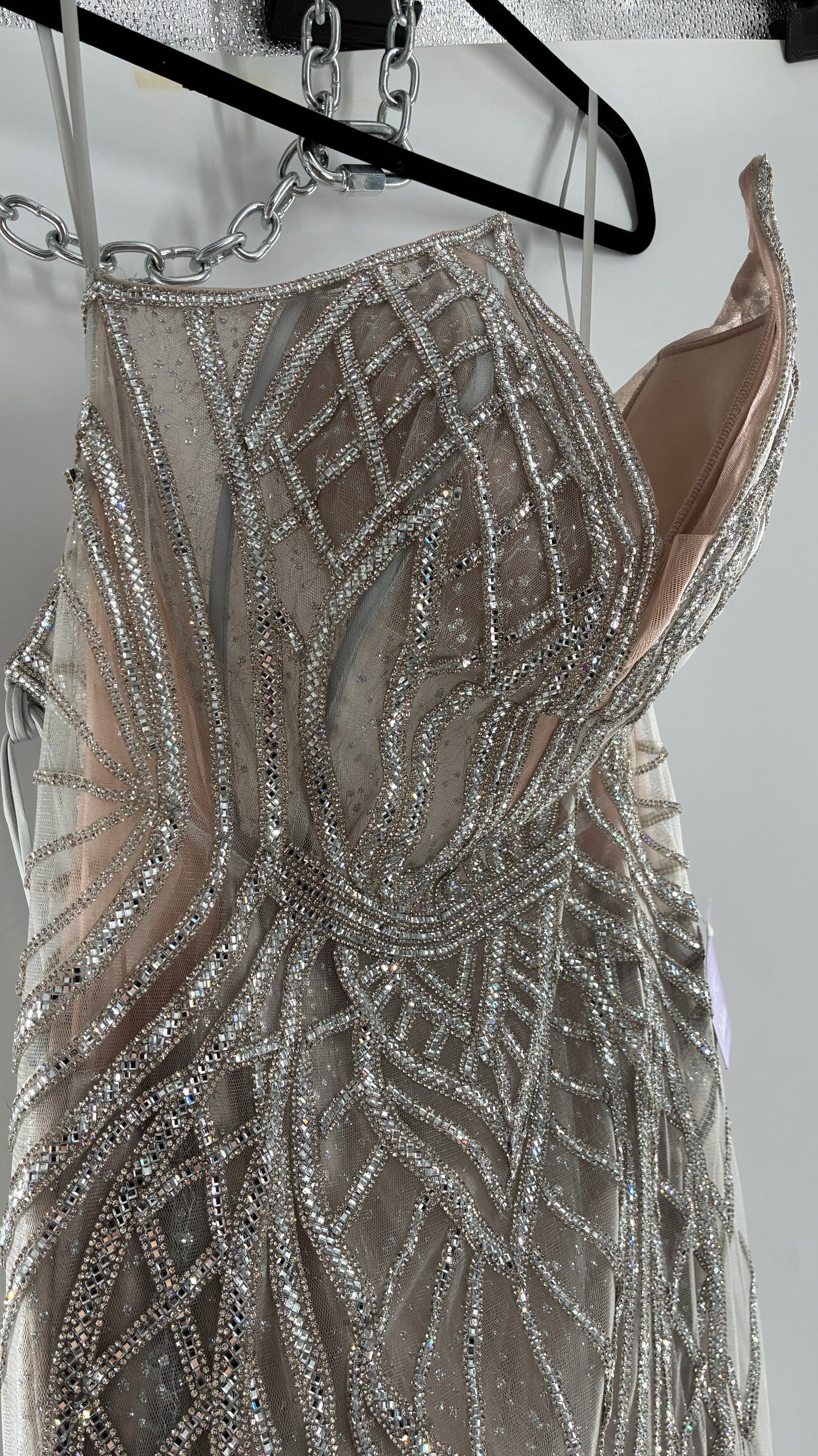 NWT LADIVINE by Cinderella Divine Silver Nude CC6018 Mermaid Corseted Gown with Multiple Layers of Tulle, Covered in Crystal Strips (16)