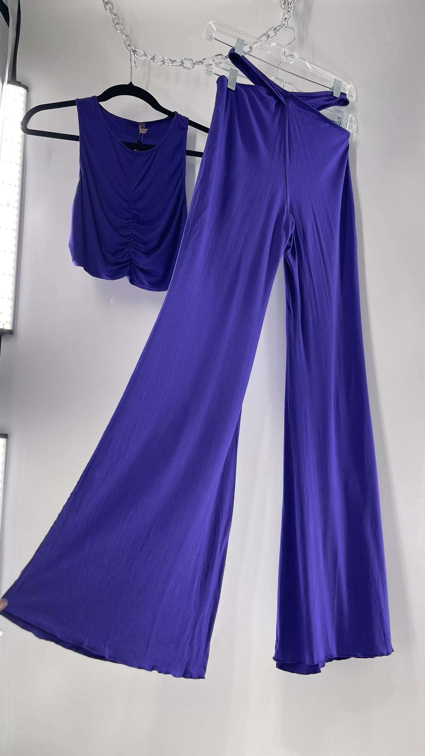 Free People 2 Piece Cobalt Purple Ruched Tank+ Cut Out Hip Strap Detail Flared Bottoms Set (Small)