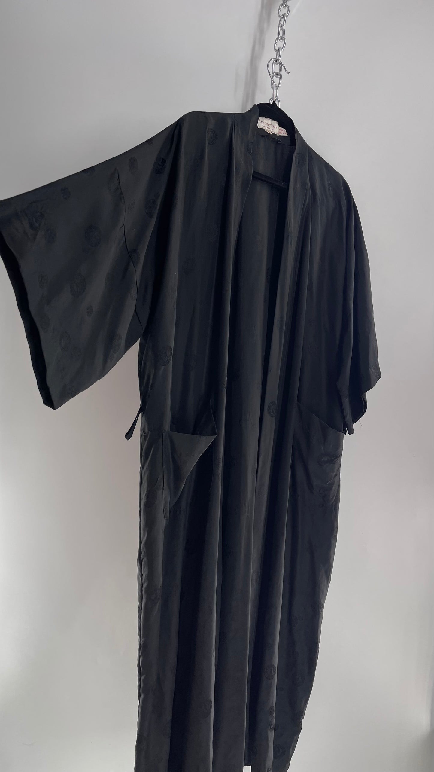 Vintage TREESHA 100% Pure Silk Black Long Embossed Robe (Large)