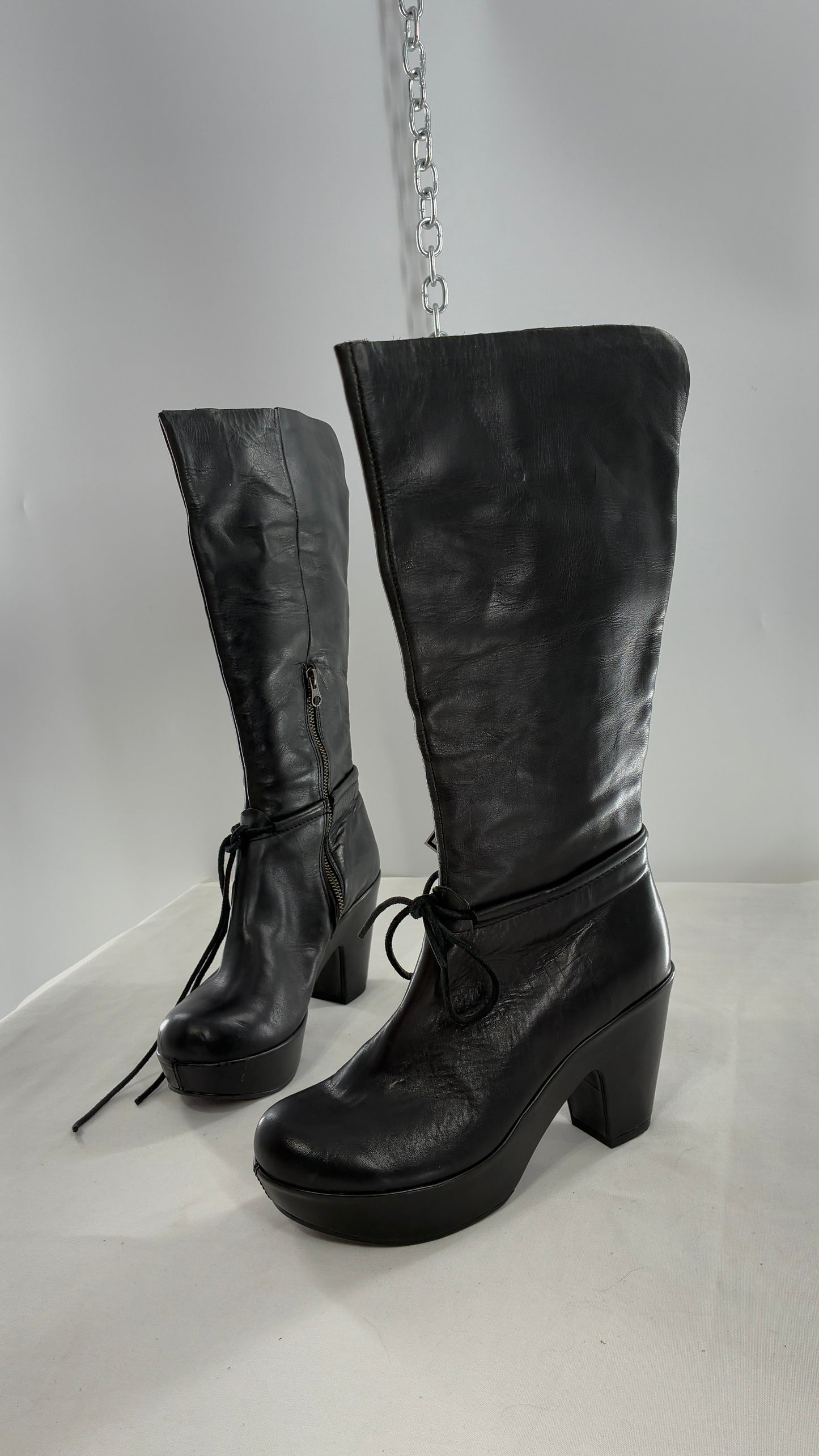 Vintage KORK EASE Black Genuine Leather Platform Clog, Knee High Boots (8/39)