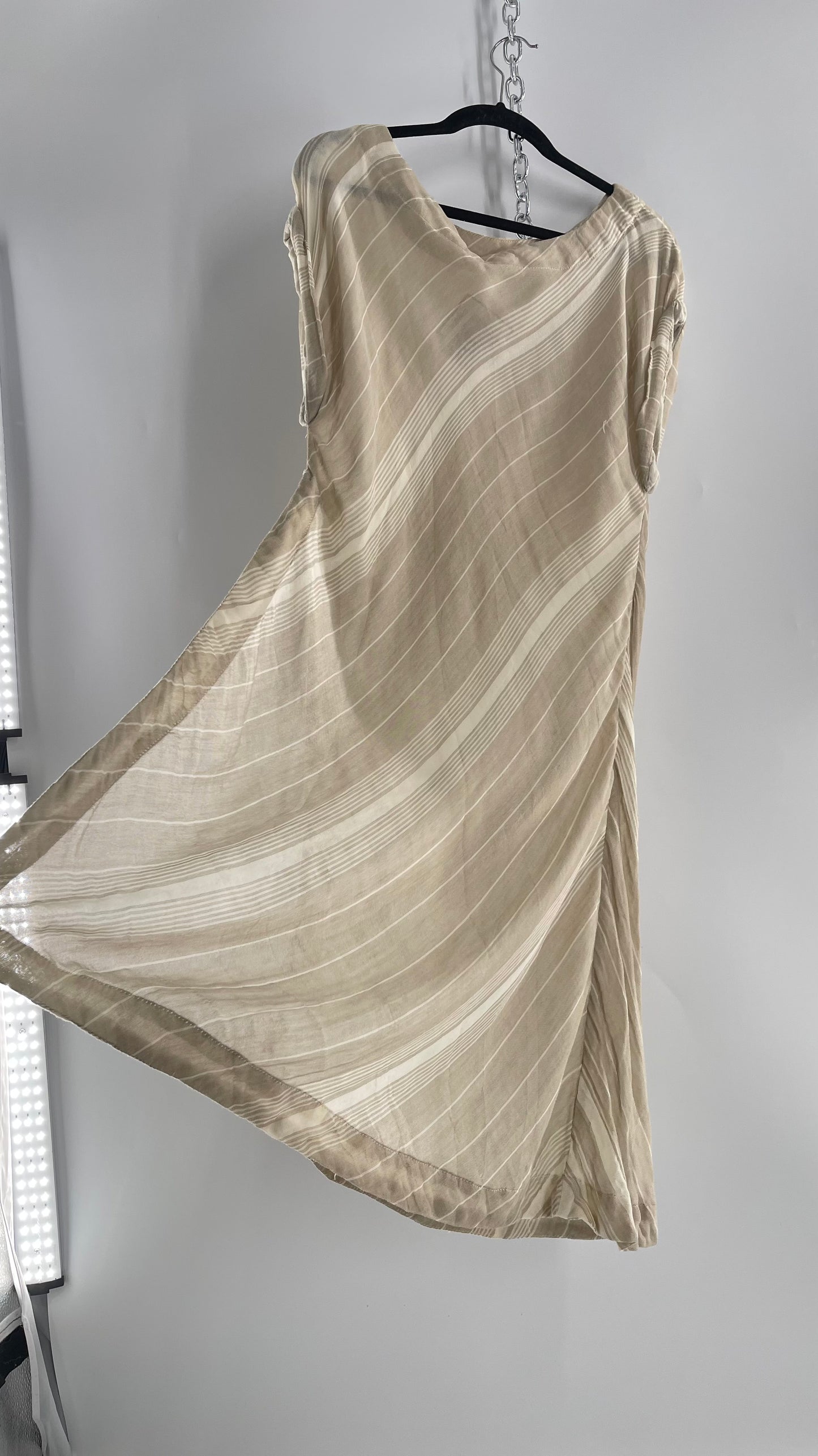 Free People Clay/Tan Striped 100% Cotton Rolled Sleeve Side Slit Relaxed Midi Dress (S)