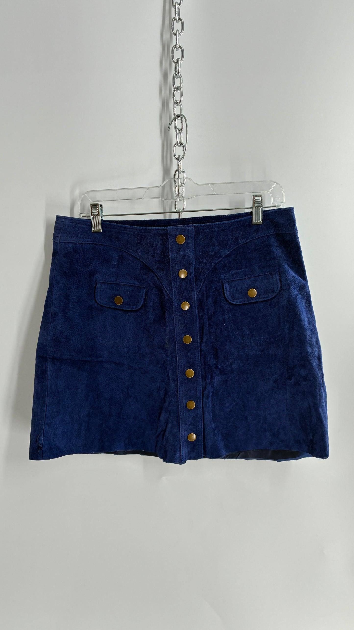 Anthropologie Royal Blue Suede Leather Button Front Skirt with Pocket Details and Vintage Stitching (12P)