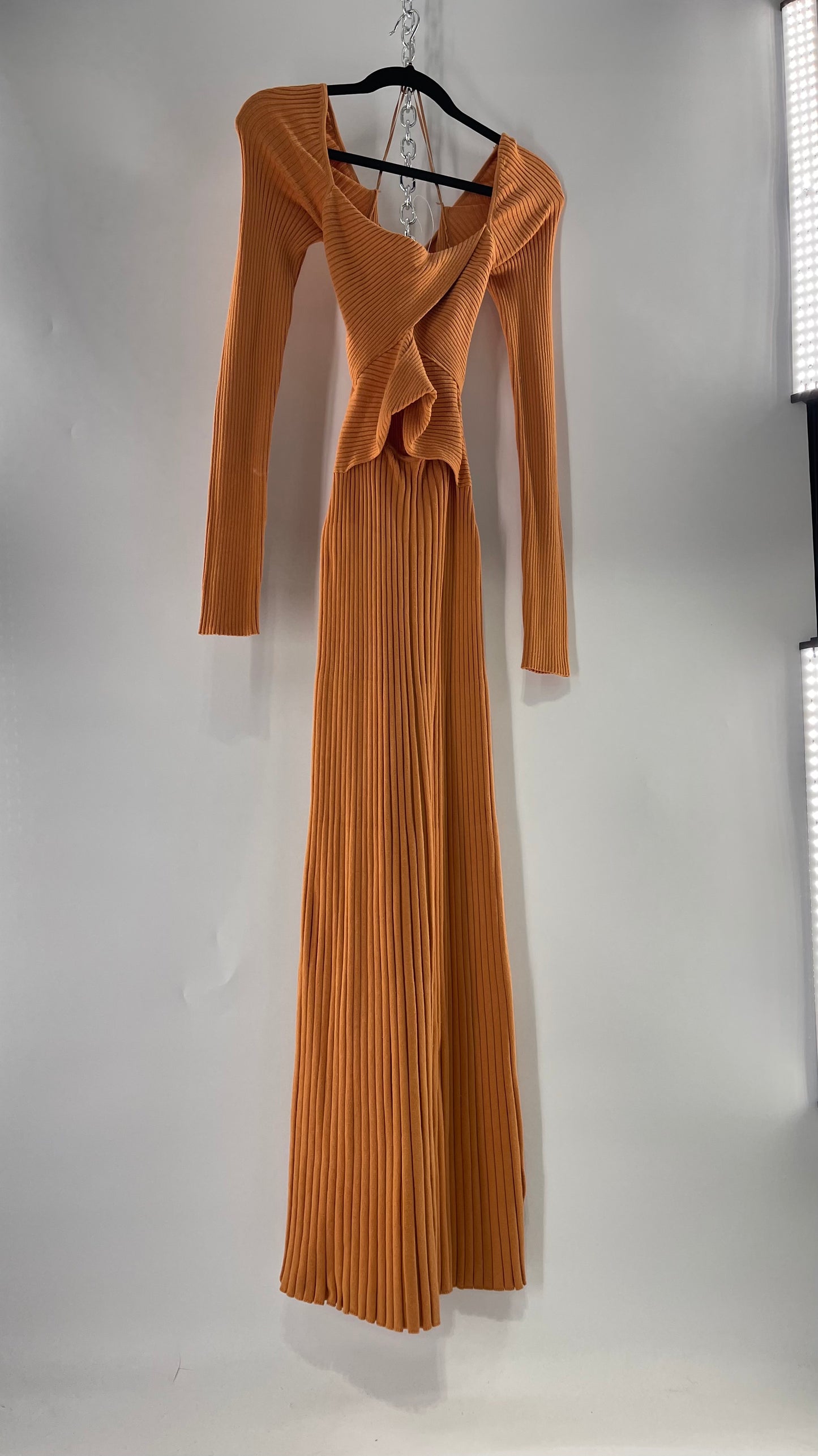 Free People Orange Ribbed Knit Maxi Dress with Cross Over Exposed Midriff Dress (Medium)