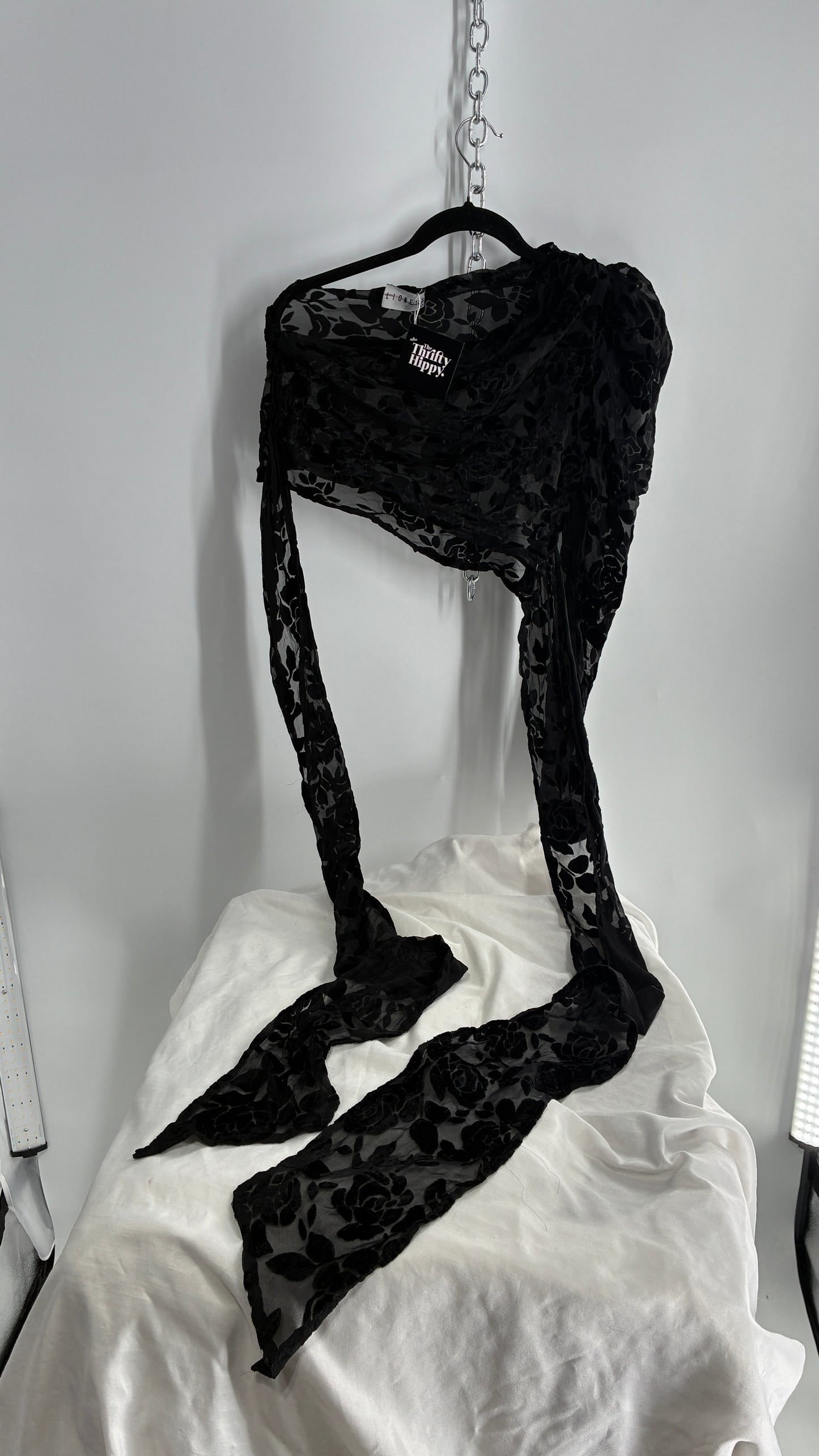LIONESS Black Sheer Velvet Burn Out One Sleeve Tie Waist Blouse (XS)