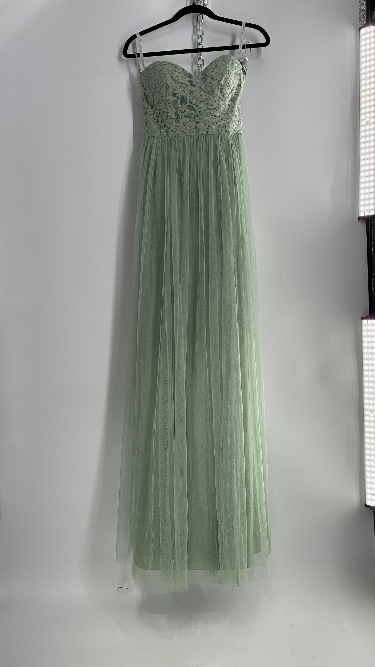 Jenny Yoo Seafoam Green Tulle Full Length Dress with Lace Corset Bodice (8)