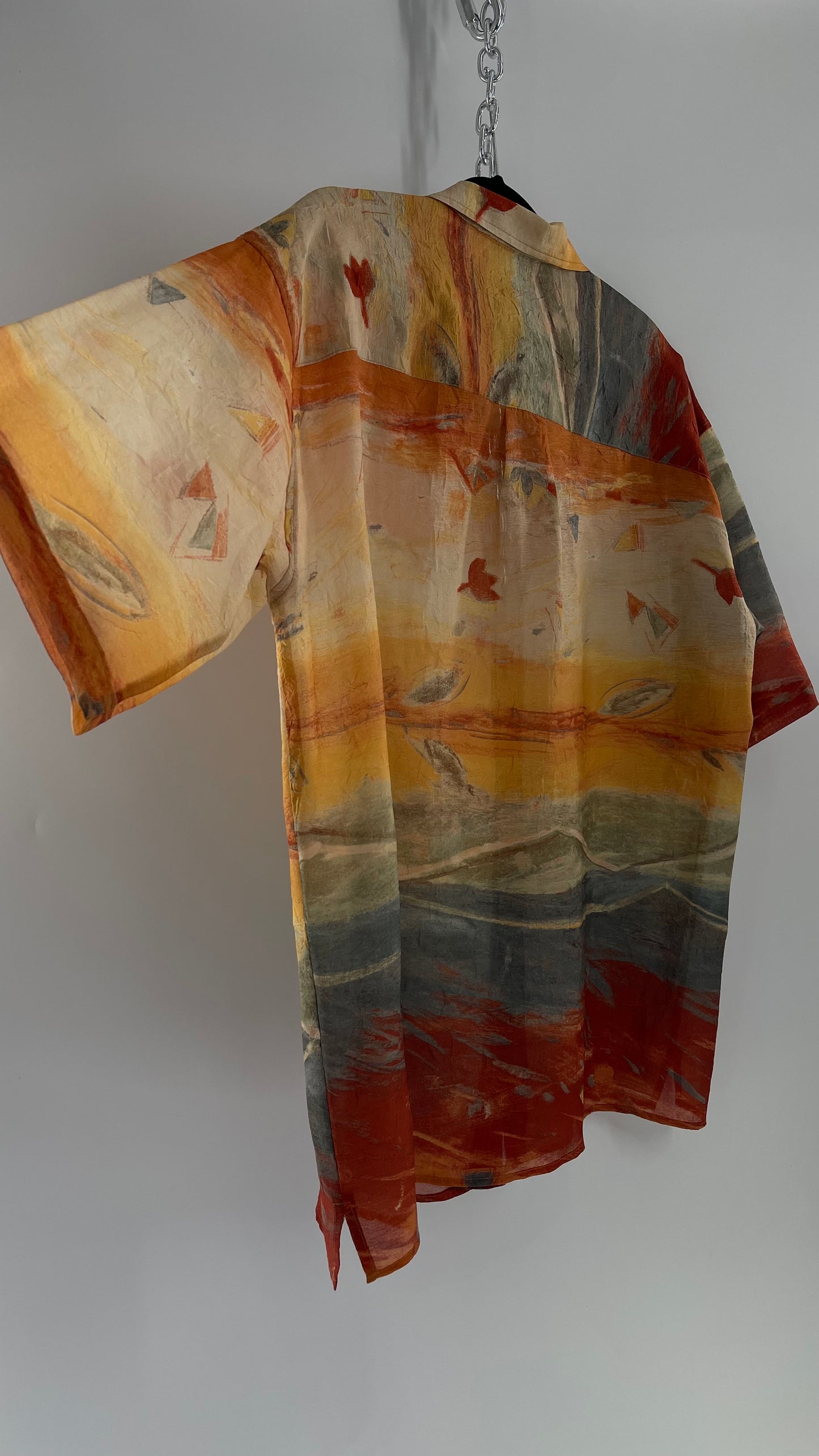 Vintage Pardazzio Uomo Sheer Crimped Abstract Fall Short Sleeve Button Up (Medium)
