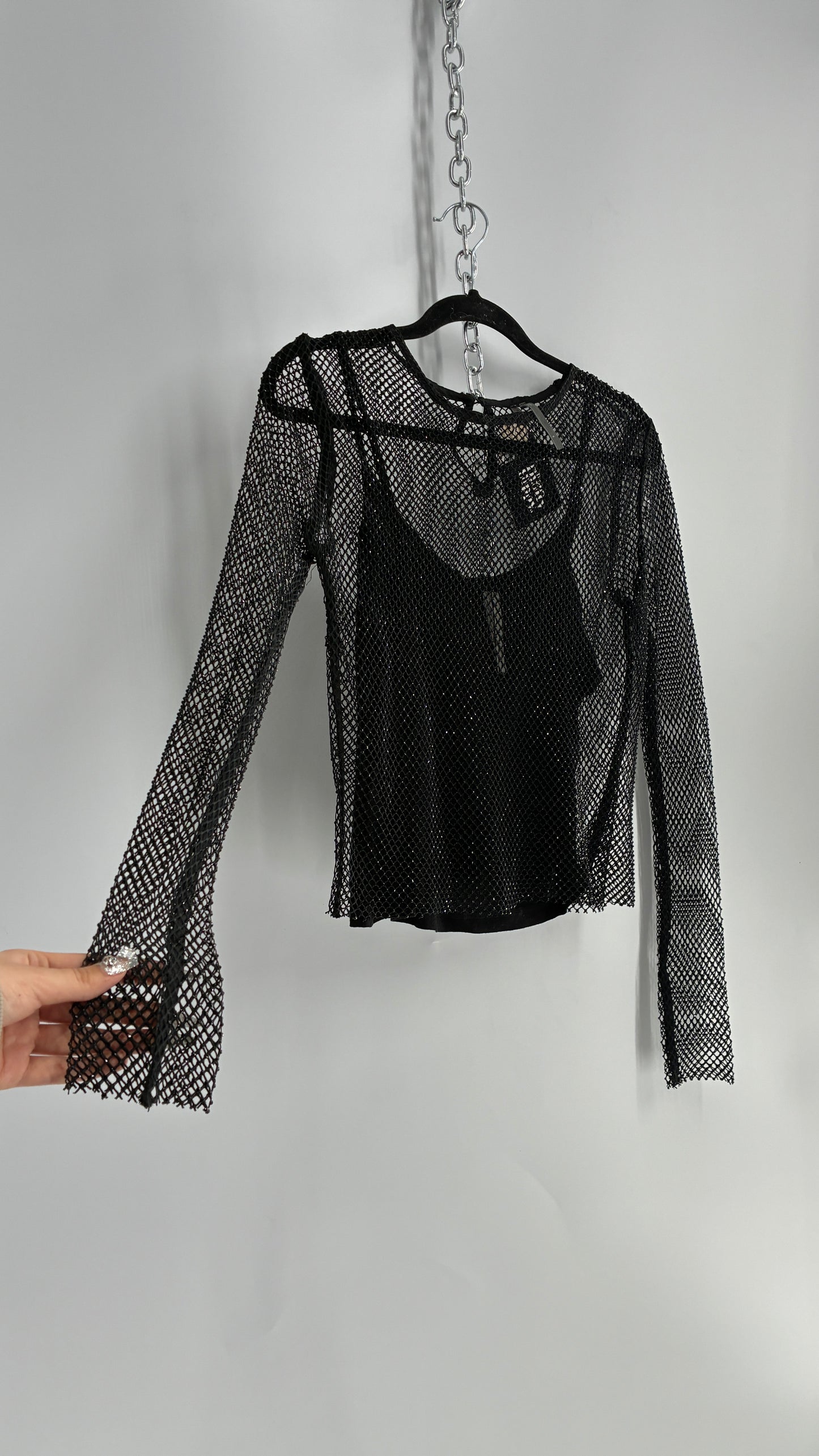 Anthropologie Black Rhinestone Heavy Mesh Long Sleeve with Camisole (Small)