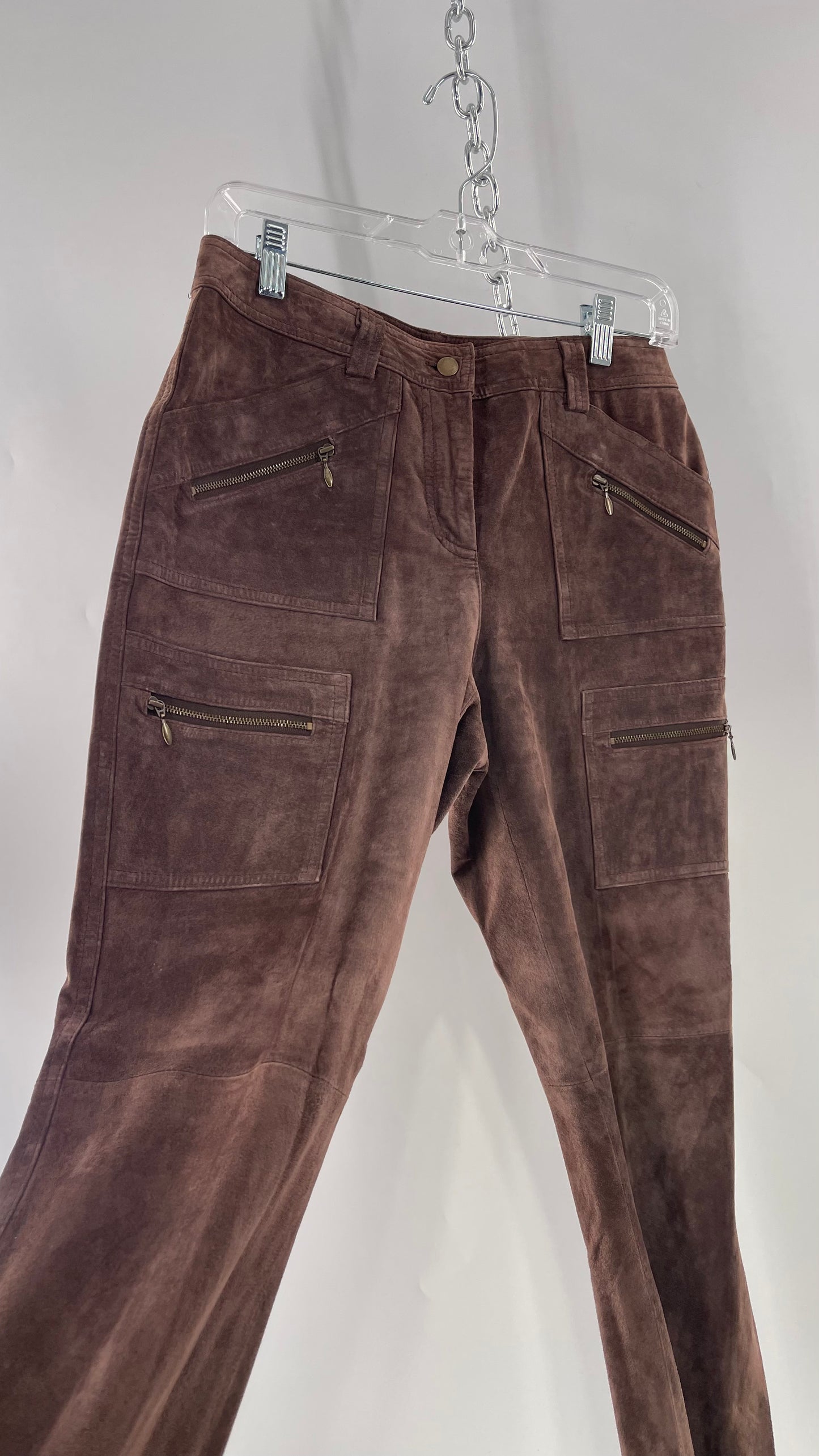 Vintage Context Petit Brown Suede Straight Leg Cargos with Pockets and Bronze Zippers (8P)