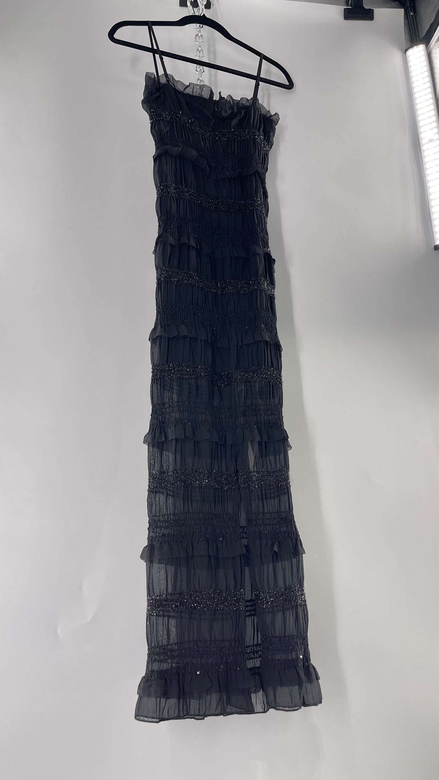 The Commense Black Sheer Crimped Midi Dress with Stripes of Tinsel and Ruffle with Tags Attached (Medium)
