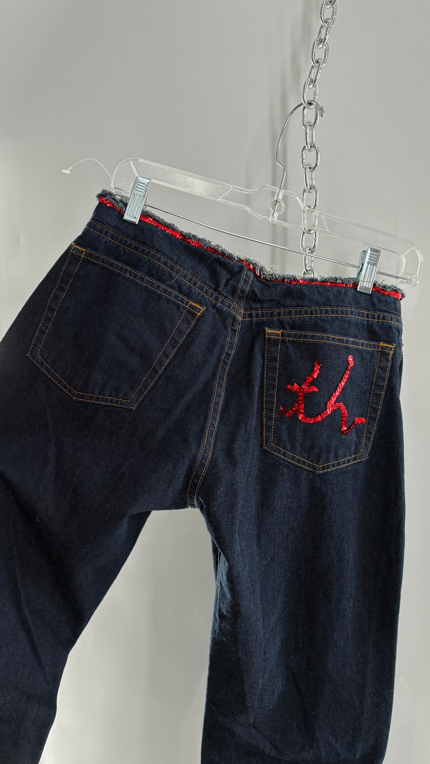 Vintage Tommy Hilfiger Low Rise Jeans with Frayed Waist Lined in Red Sequins (7)