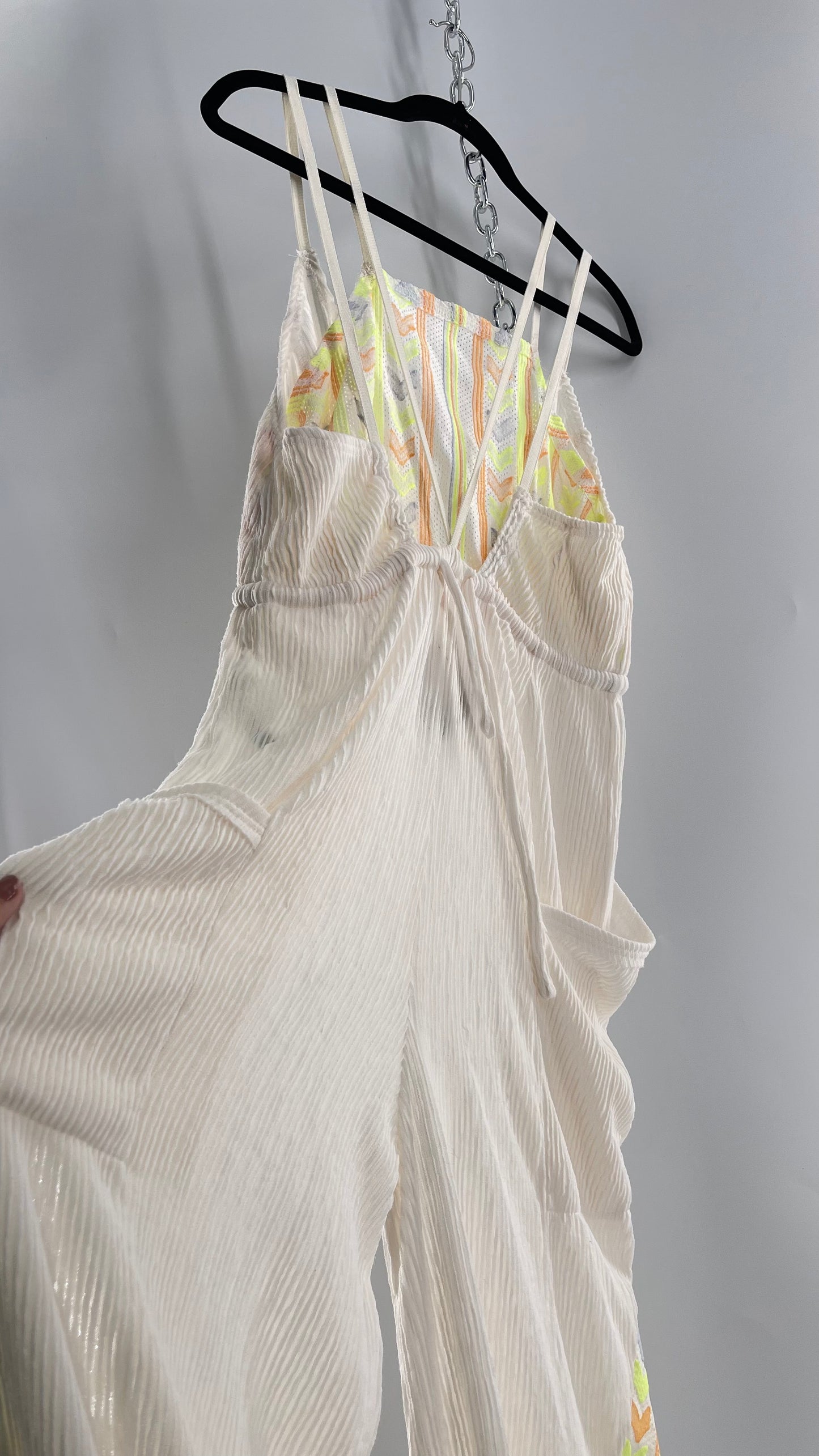 Free People Movement Cream Ribbed Jumpsuit with Yellow/Orange Embroidered Details and Waist Cinching Drawstring (Small)