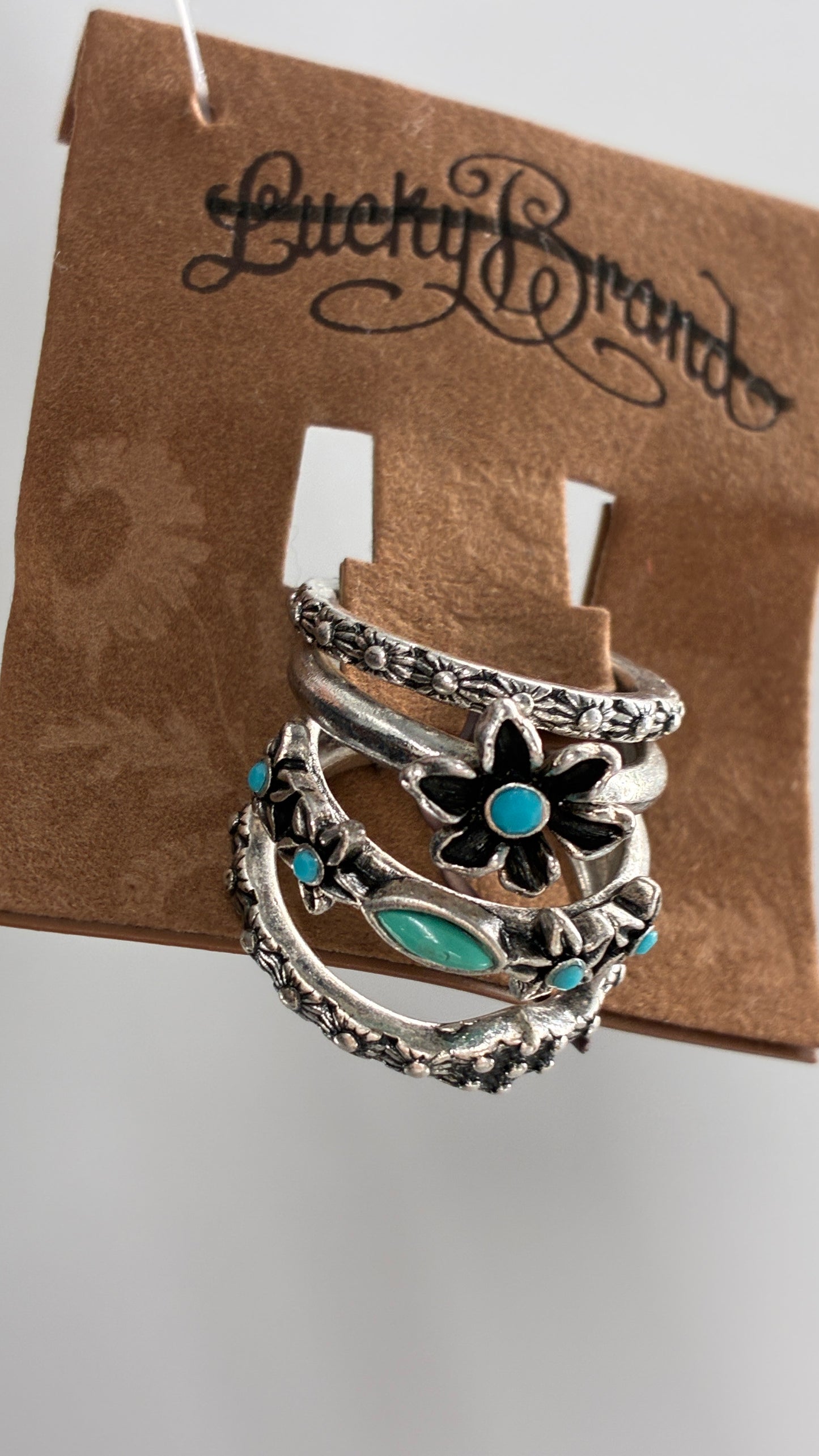 Lucky Brand Silver Embossed Ring Set with Turquoise Stone