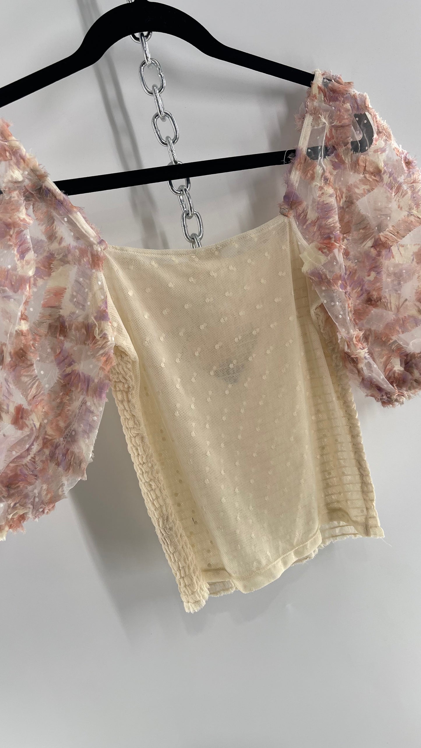 Free People Flower Girl Delicate Romantic Puff Sleeve Top with Smocked Mesh Body (Small)
