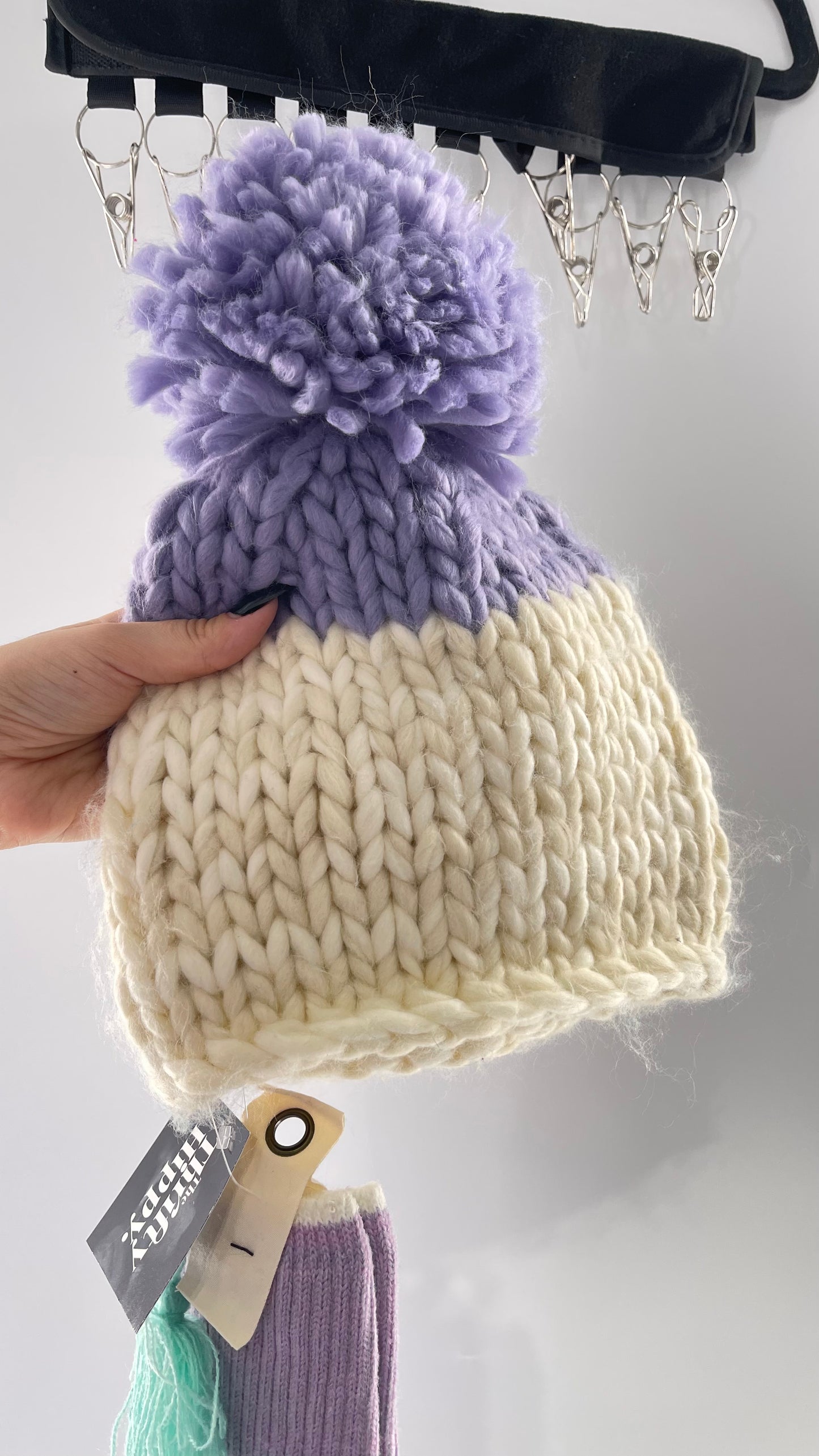 Free People Lavender Purple and White Knit Beanie and Sock Set