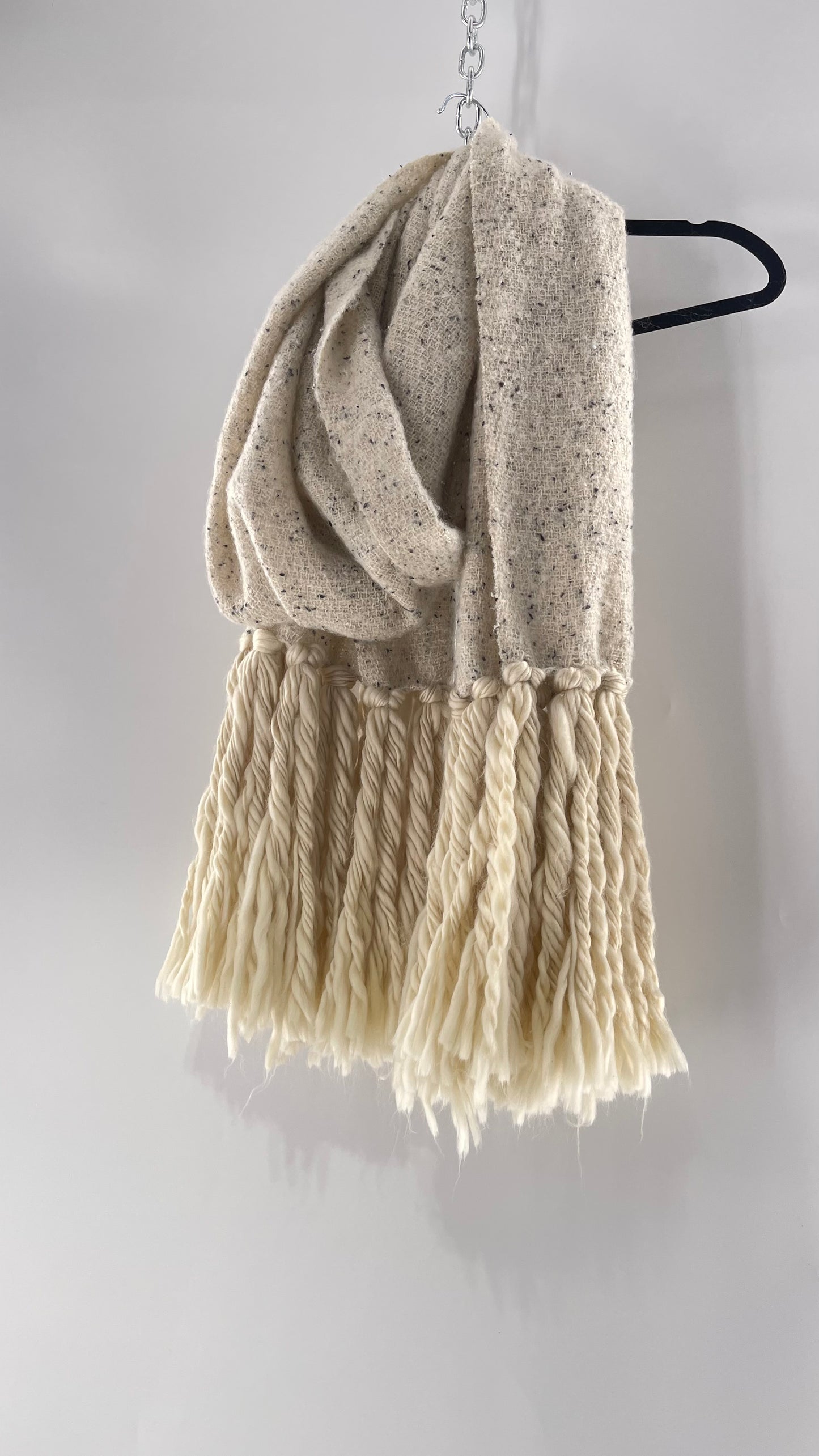 Anthropologie White/Off White Heavy Knit Cold Weather Scarf with Braided Fringe with Tags Attached (One Size)