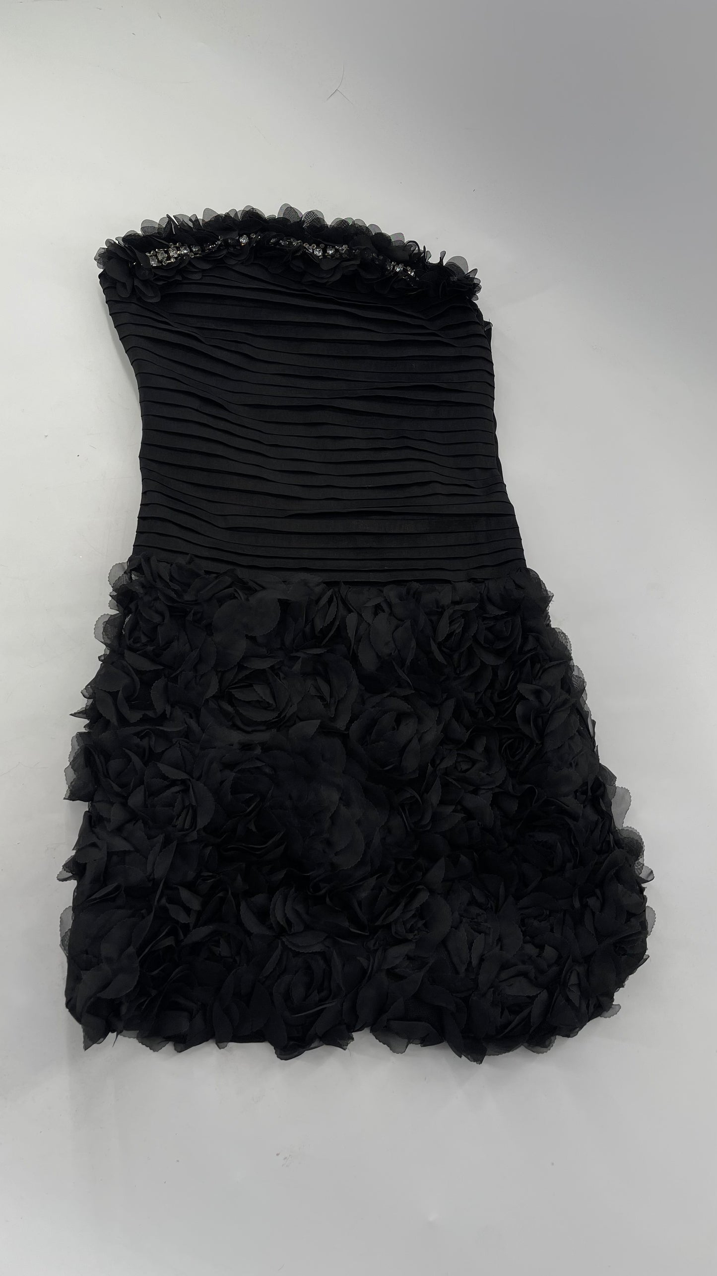 C.O:GWBG Black Dress with Pleated Bodice, Floral Ruffled Skirt and Bedazzled Bustline (S/M)