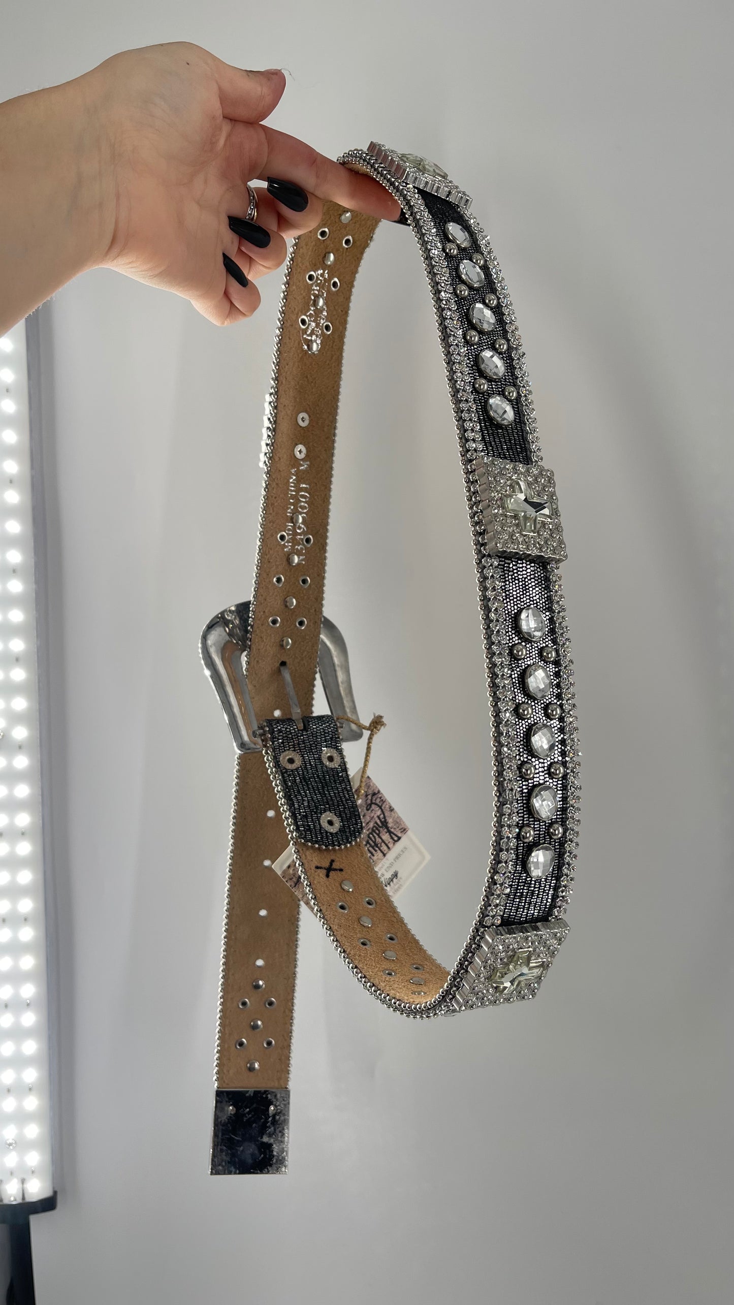 Free People Dark Silver Metallic Snake Print Belt covered in Crystal Embellishments and Heavy Metal Crosses (M)