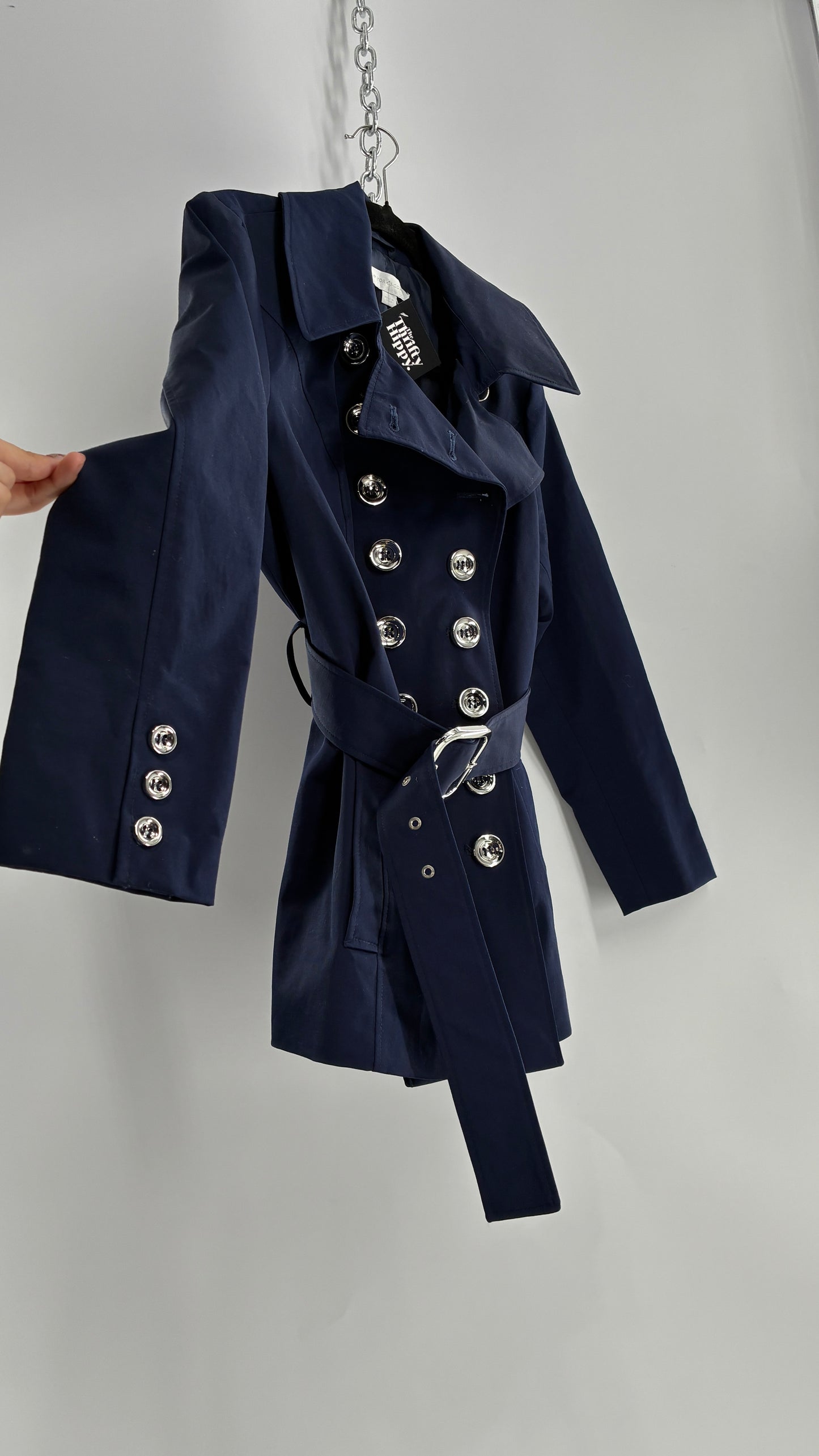 New York & Company Deep Navy Coat with Double Breasted Silver Buttons and Oversized Silver Buckle (Large)