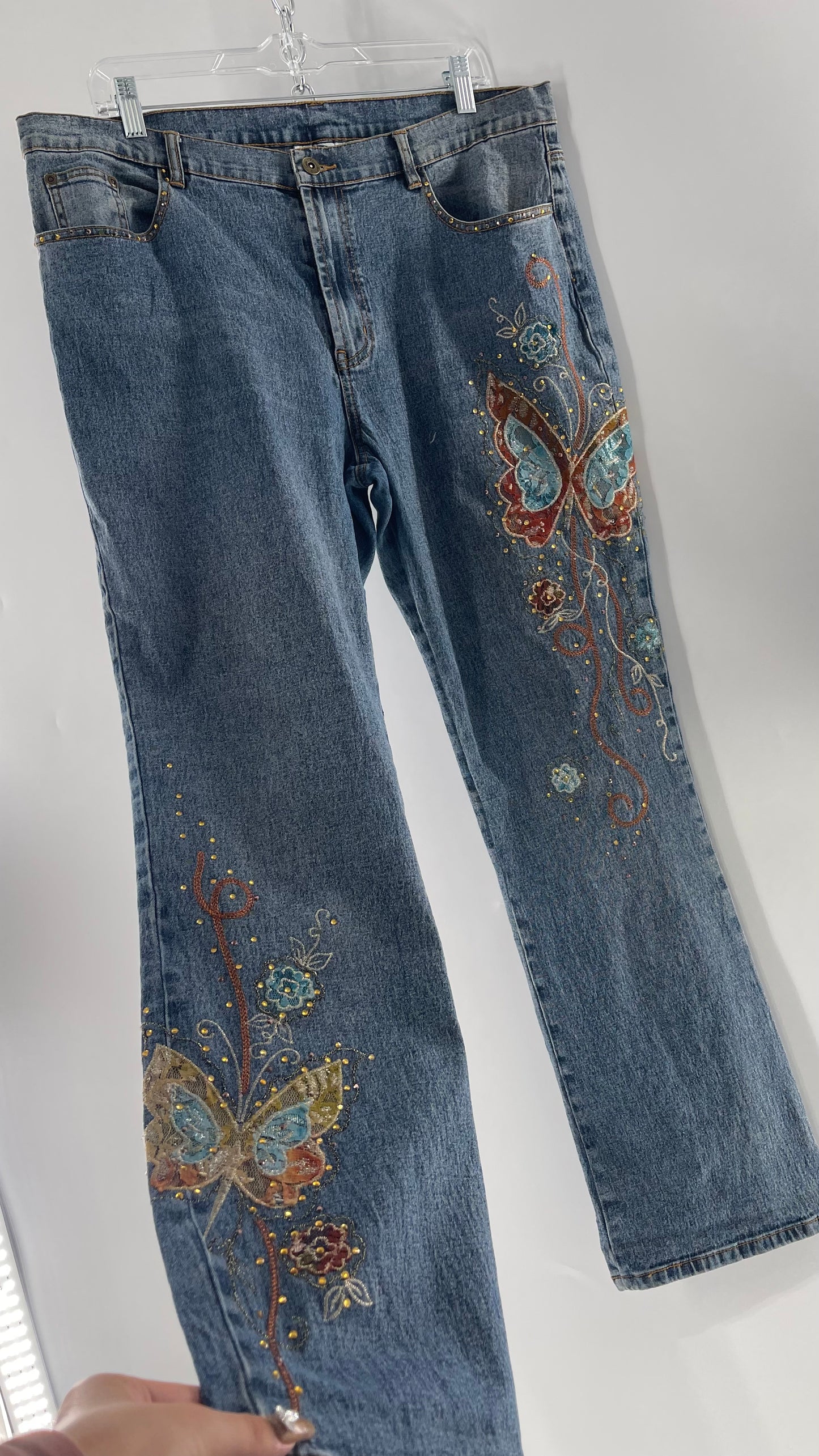 Vintage Diane Gilman Kickflare Denim with Embroidered Butterfly Motifs (14)
