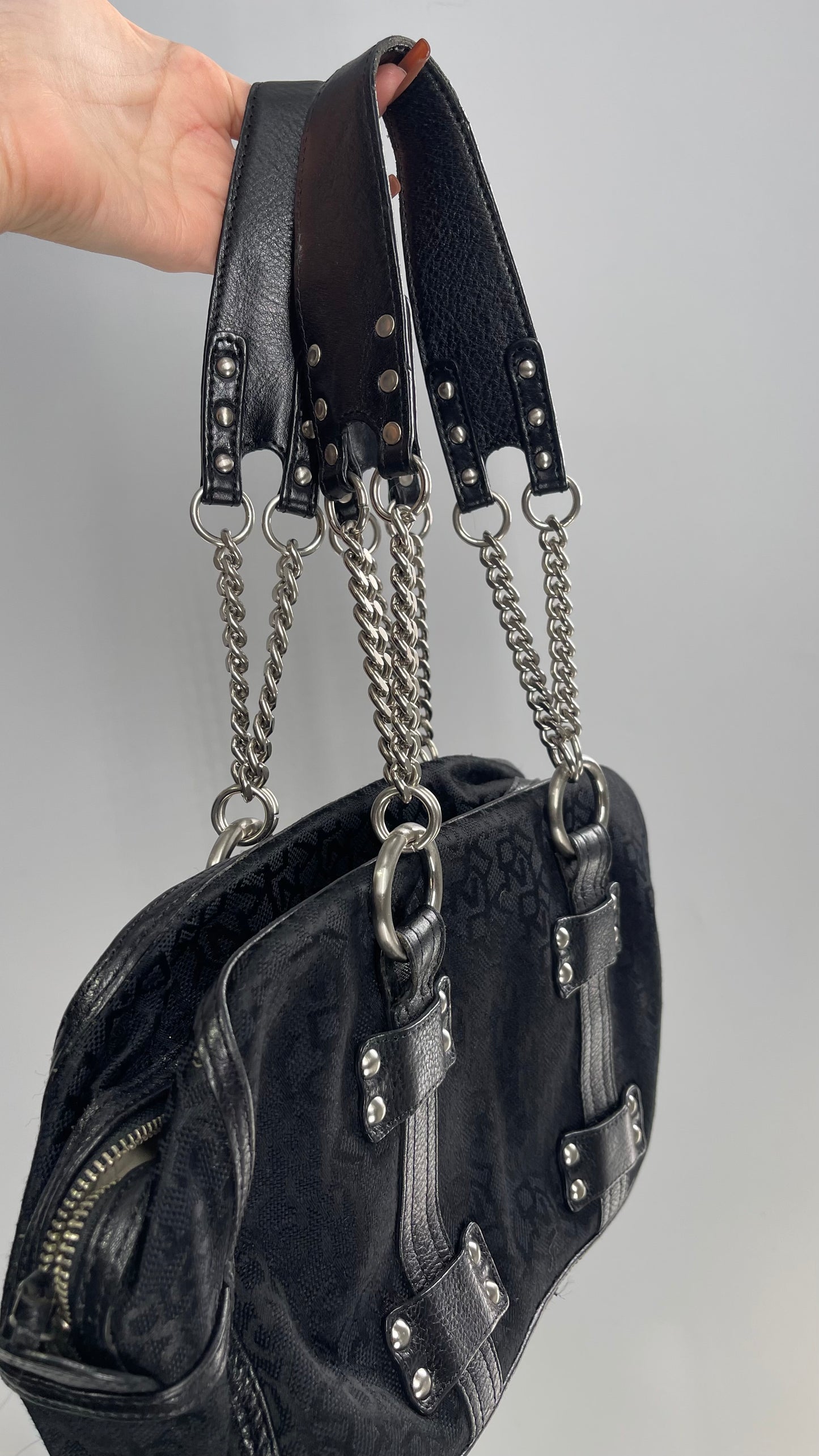 Vintage DKNY 1990s Black All Over Logo Bag with Leather and Chain Details