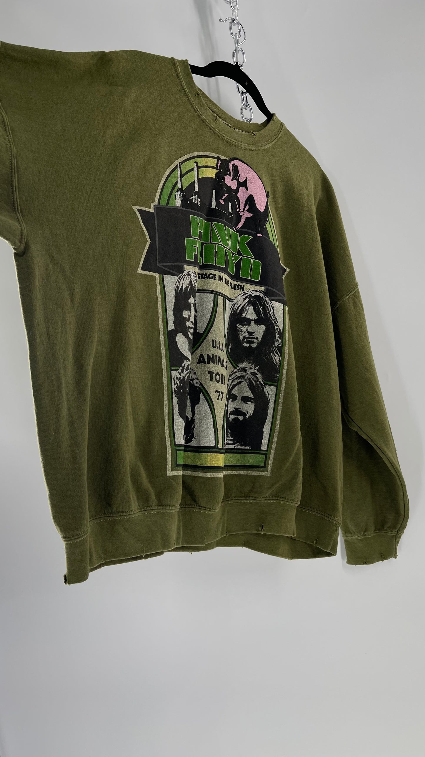 Vintage Green Graphic Pink Floyd Crewneck Knits with Distressed Neckline and Hems (L/XL)
