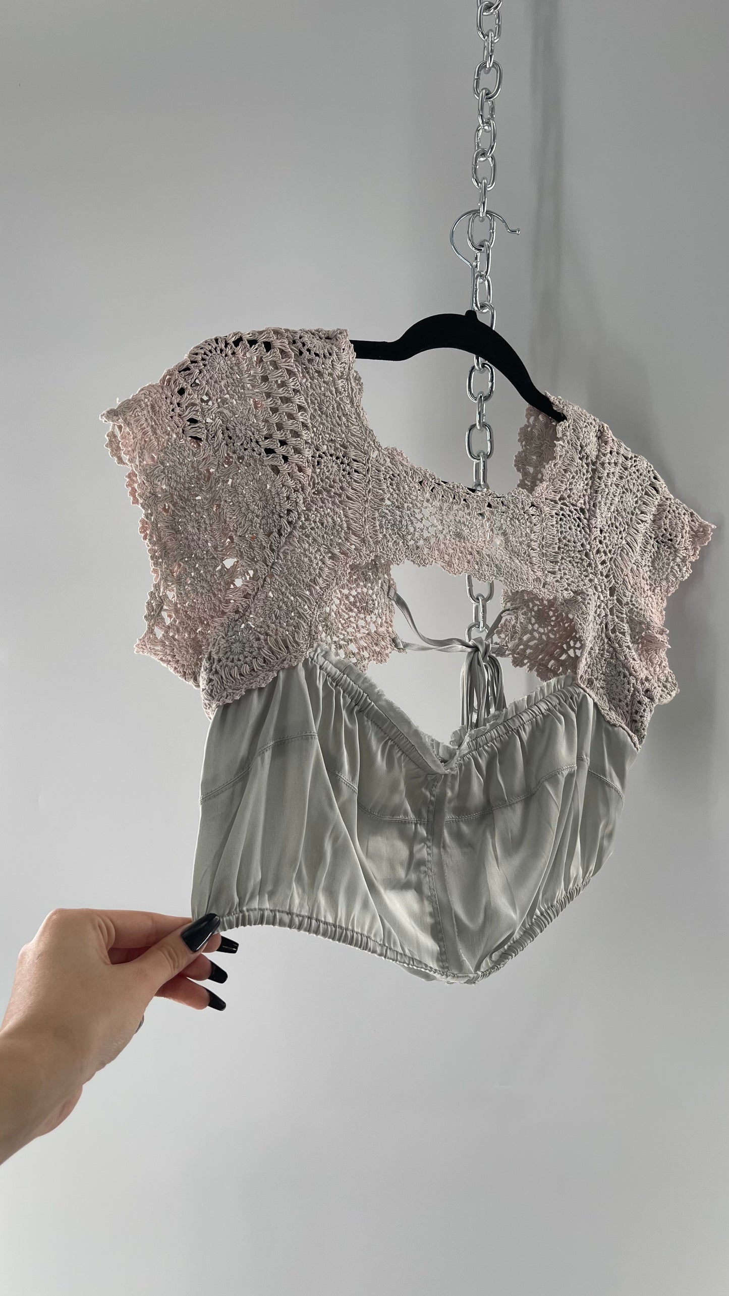 Intimately Free People Silver Satin Cropped Bustier with Crochet Shrug High Neckline (Large)