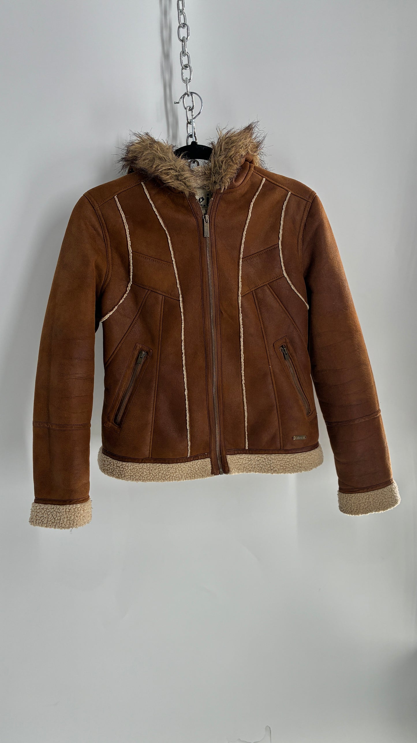 Vintage LEI Vegan Suede Sherpa Jacket with Faux Fur Hood (Small)