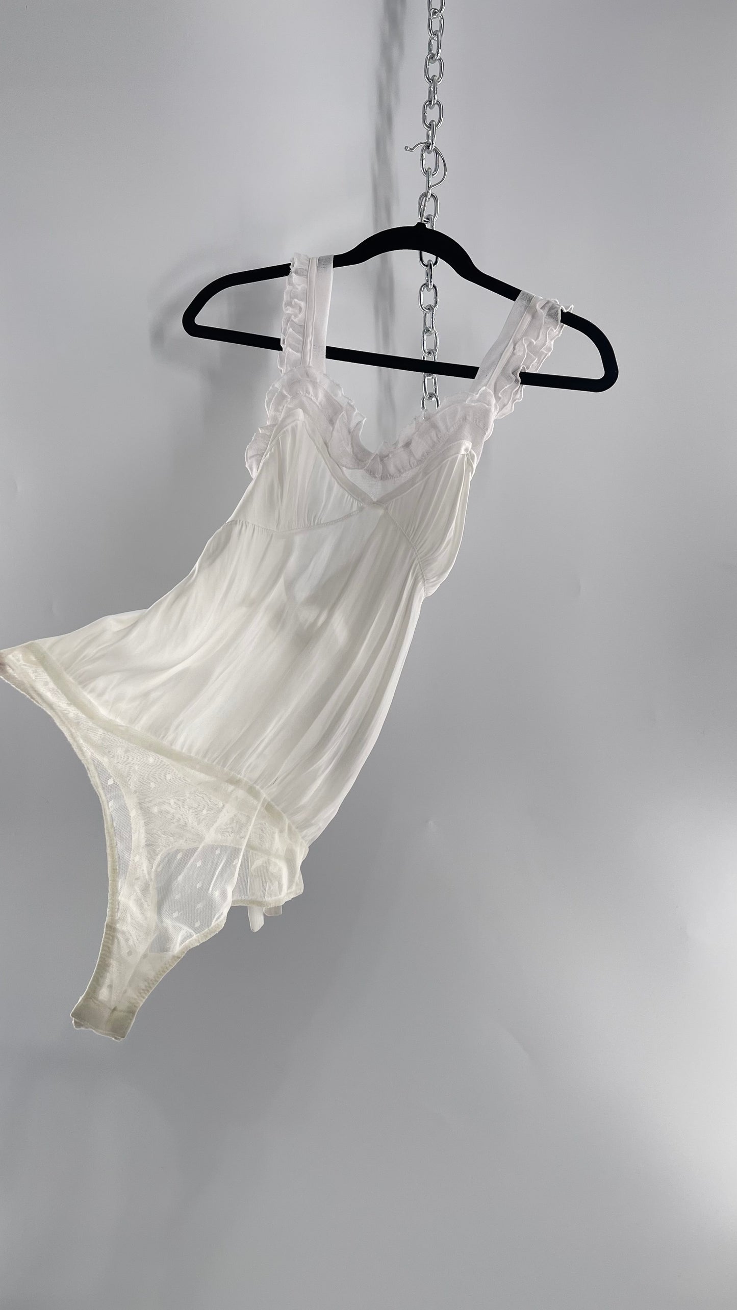 Free People White Silky Soft Bodysuit with Ruffled Bust-line and Straps (M)