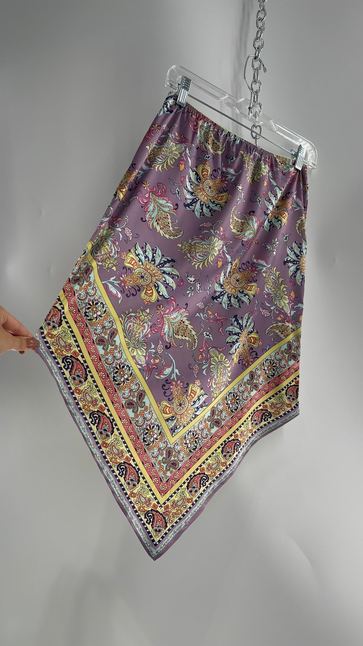 Urban Outfitters Lavender Satin Paisley Handkerchief Hem Skirt with Light Green Ribbon Waistline (Small)