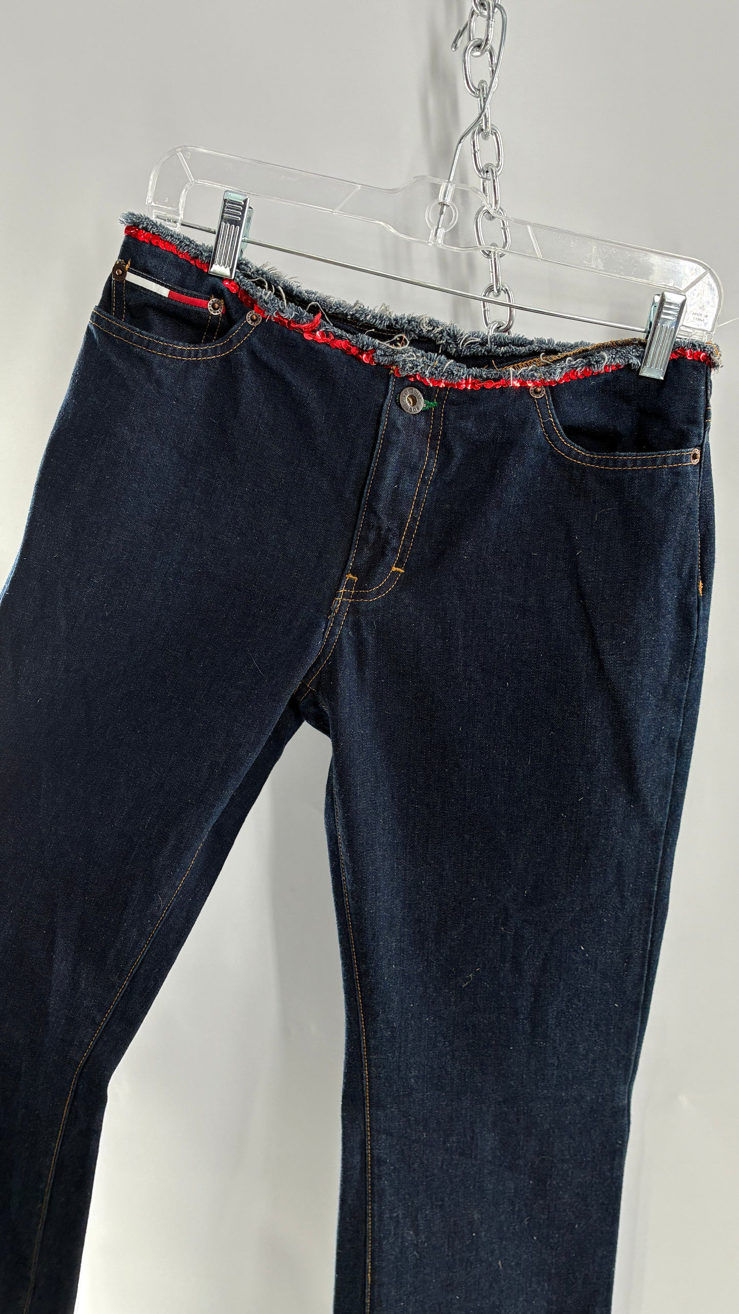 Vintage Tommy Hilfiger Low Rise Jeans with Frayed Waist Lined in Red Sequins (7)