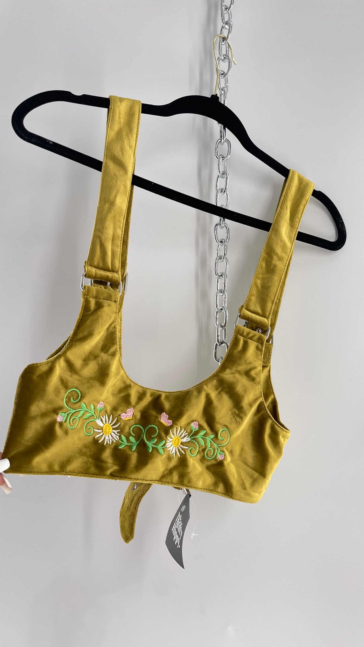 Urban Outfitters Greenish Gold Velour Body Harness with Embroidered Daisies and Butterflies (Large)