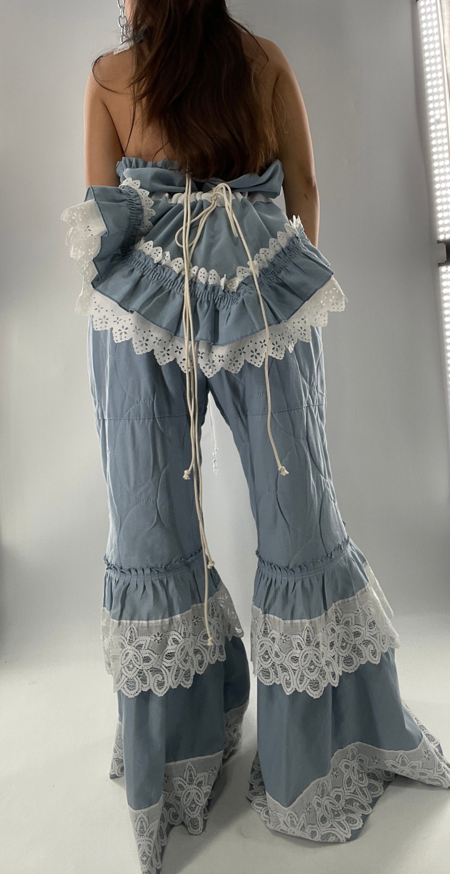 Vintage 2 Piece Powder Blue Set Featuring 2Way Blouse and Quilted Trousers Covered in Ruffles, Lace and Trim (One Size)