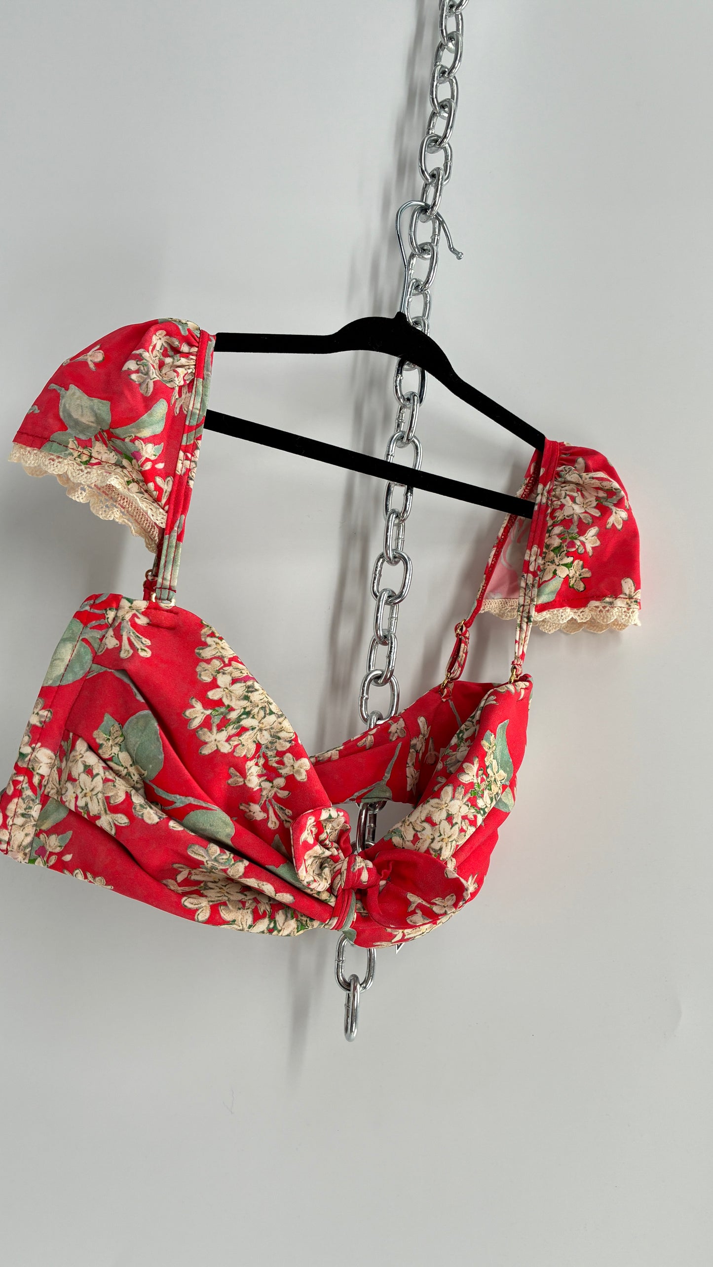 MONTCE Free People Pink Floral Tie Bust Swim Top with Cap Sleeves, Lace Edges, and Tags Attached (Medium)
