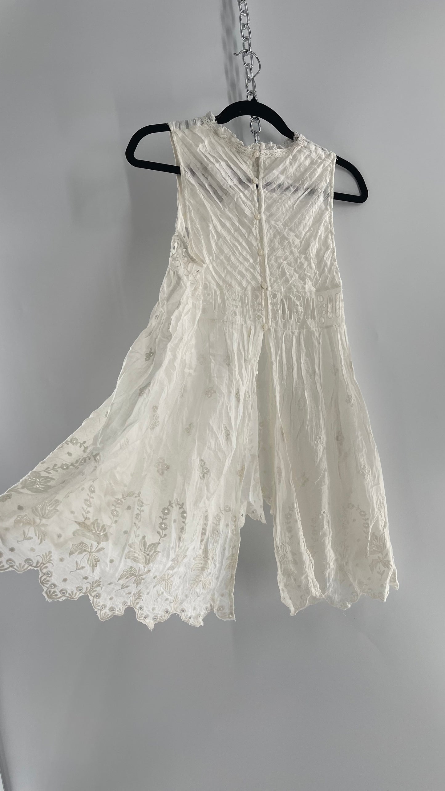 Free People White Cotton Eyelet Embroidered Lace Tank with Pleating, Buttoned and Slit Back (Small)