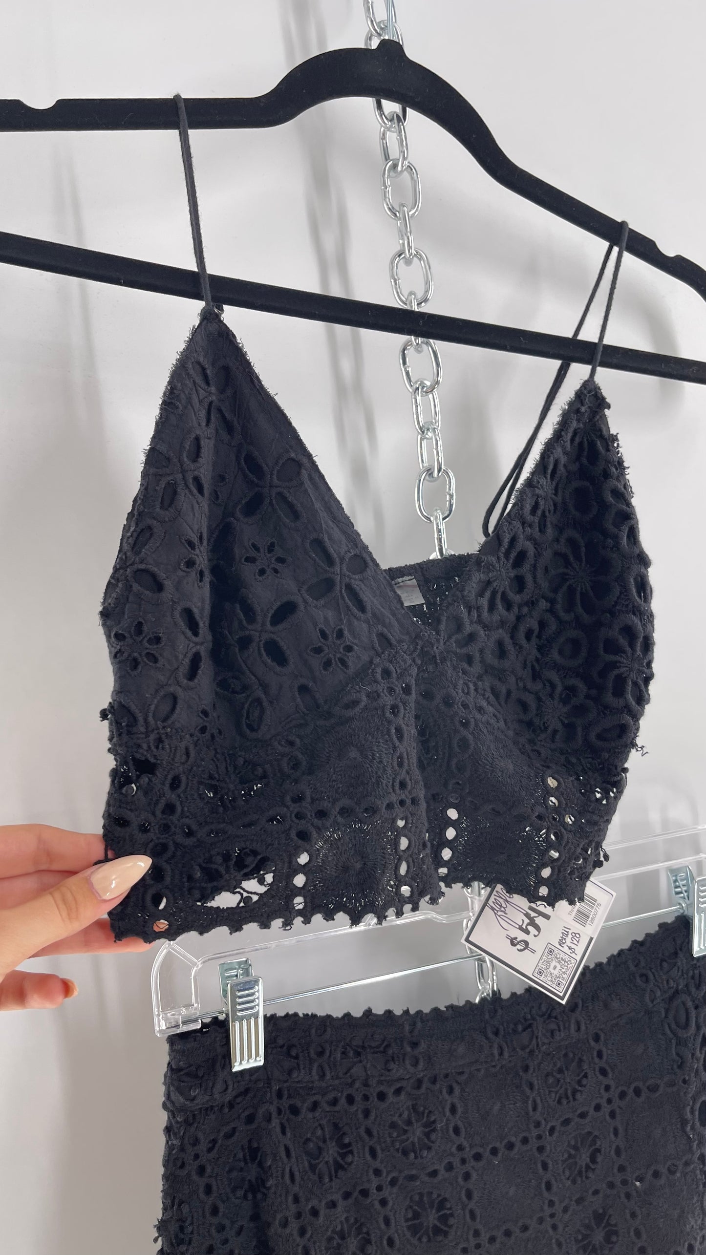 Free People Black Eyelet Lace Mini Skirt and Bustier Set (6)