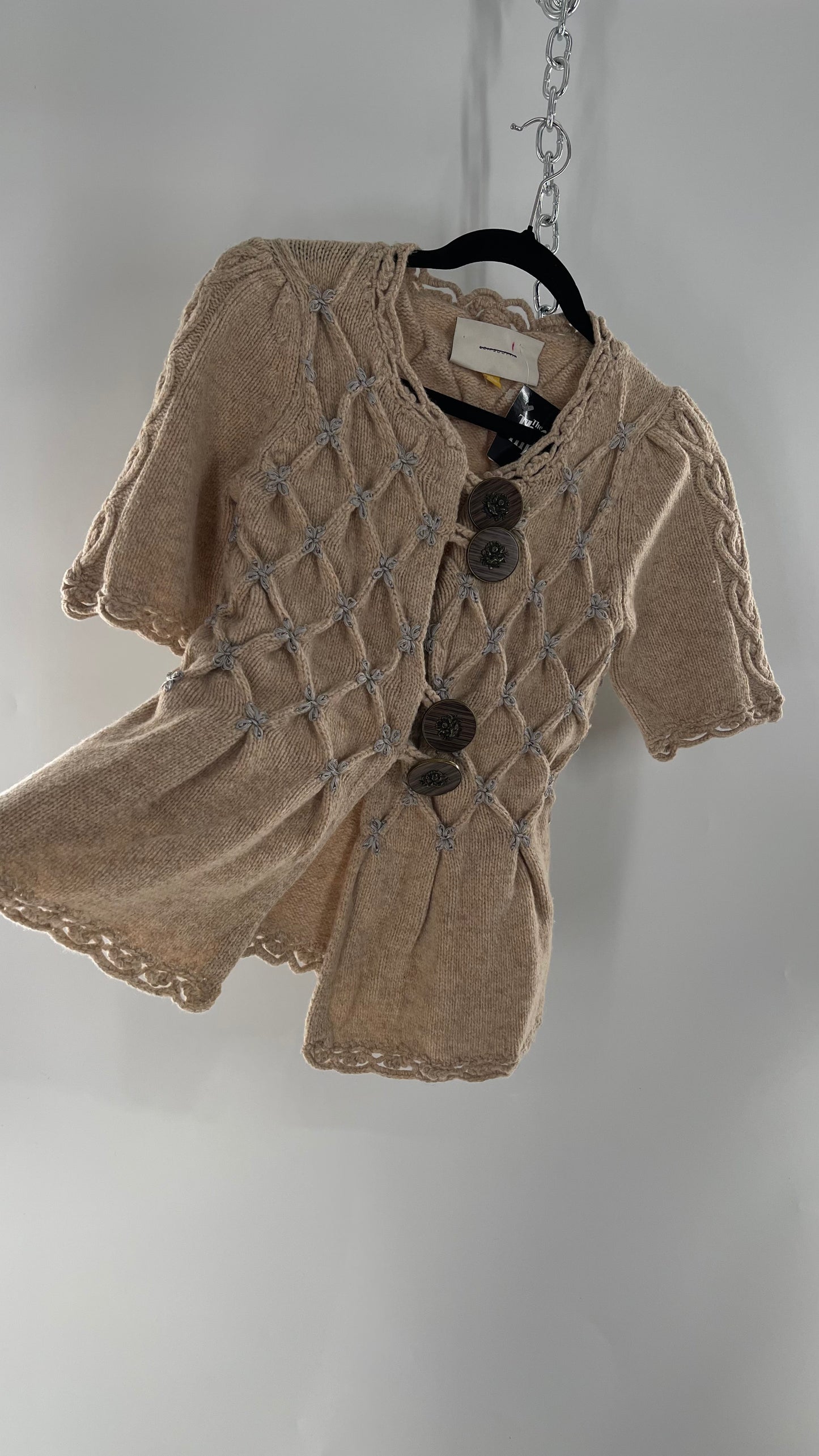 Anthropologie Leifsdottir Knit Argyle Embroidered Sweater with Oversized Statement Buttons (XS)