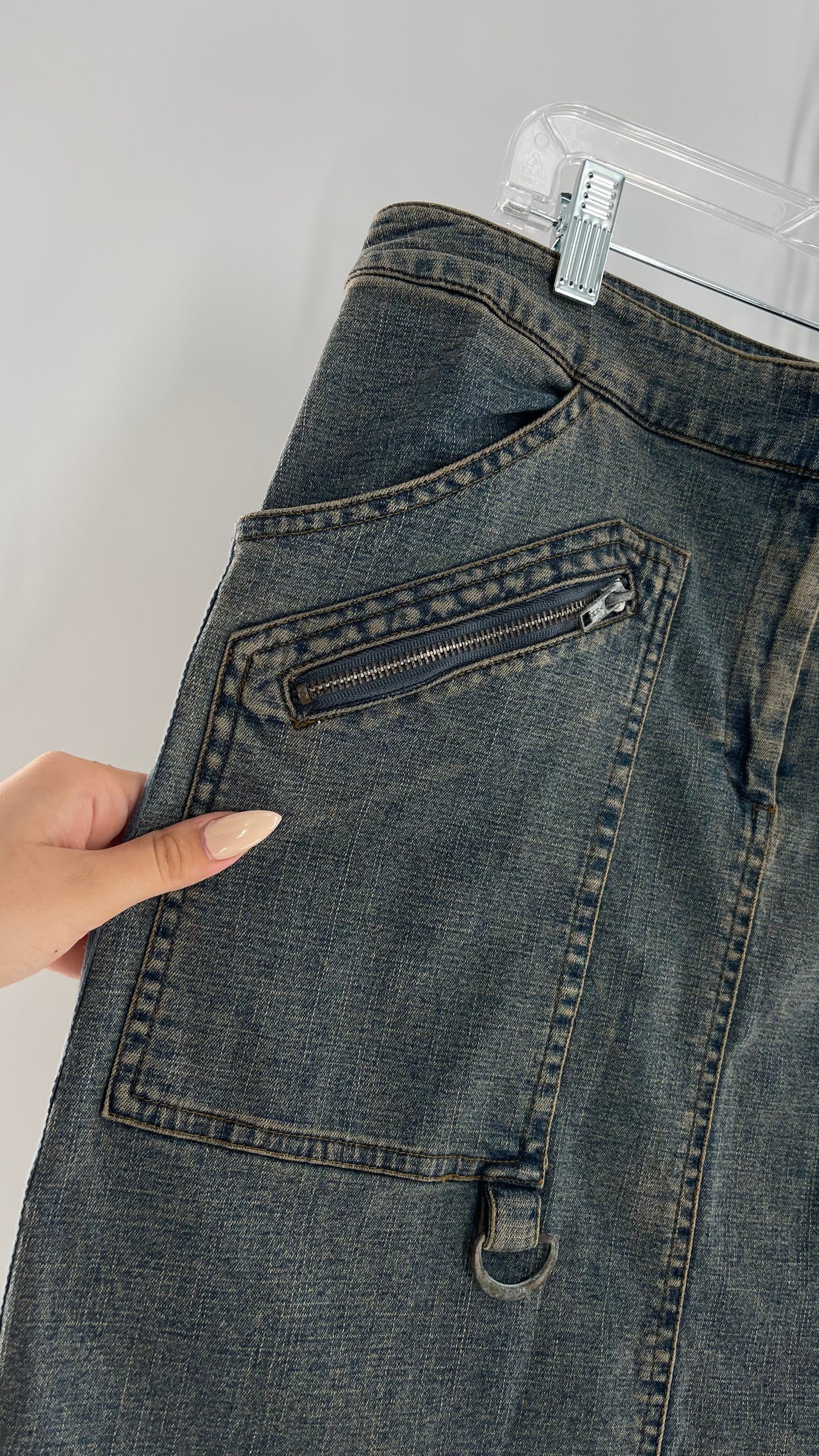 Vintage More Feminine w/o Limits Denim Skirt with Grommet Lace Up Sides and Fade (42)