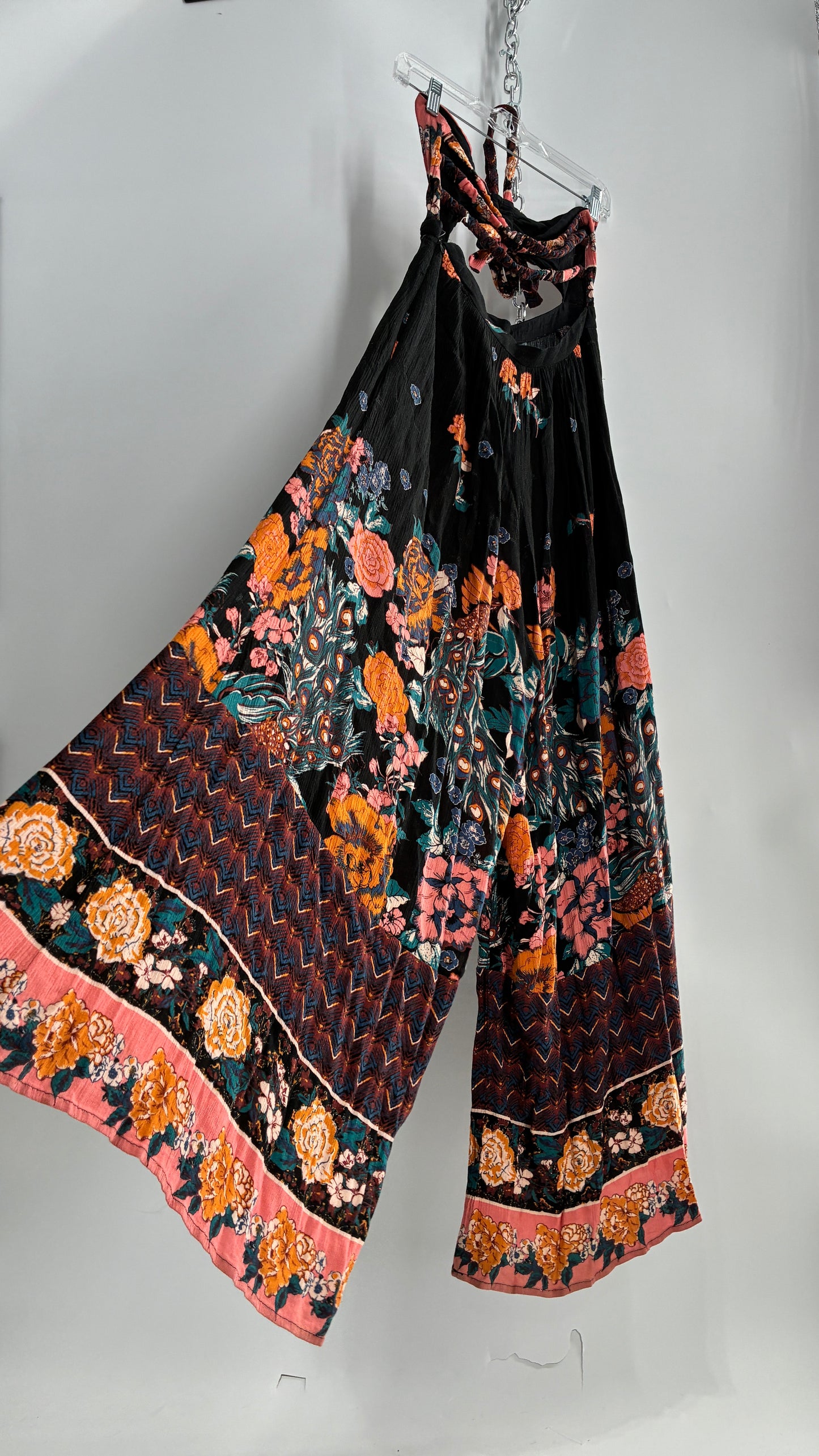 Free People Wide Leg Black Jumpsuit with Contrast Florals (Small)