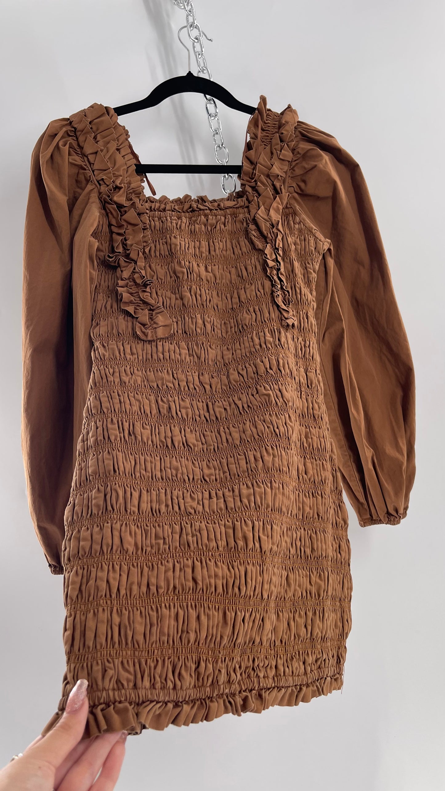 Endless Rose Anthropologie Brown Smocked Ruffle Front Puff Sleeve Mini Dress (Medium)