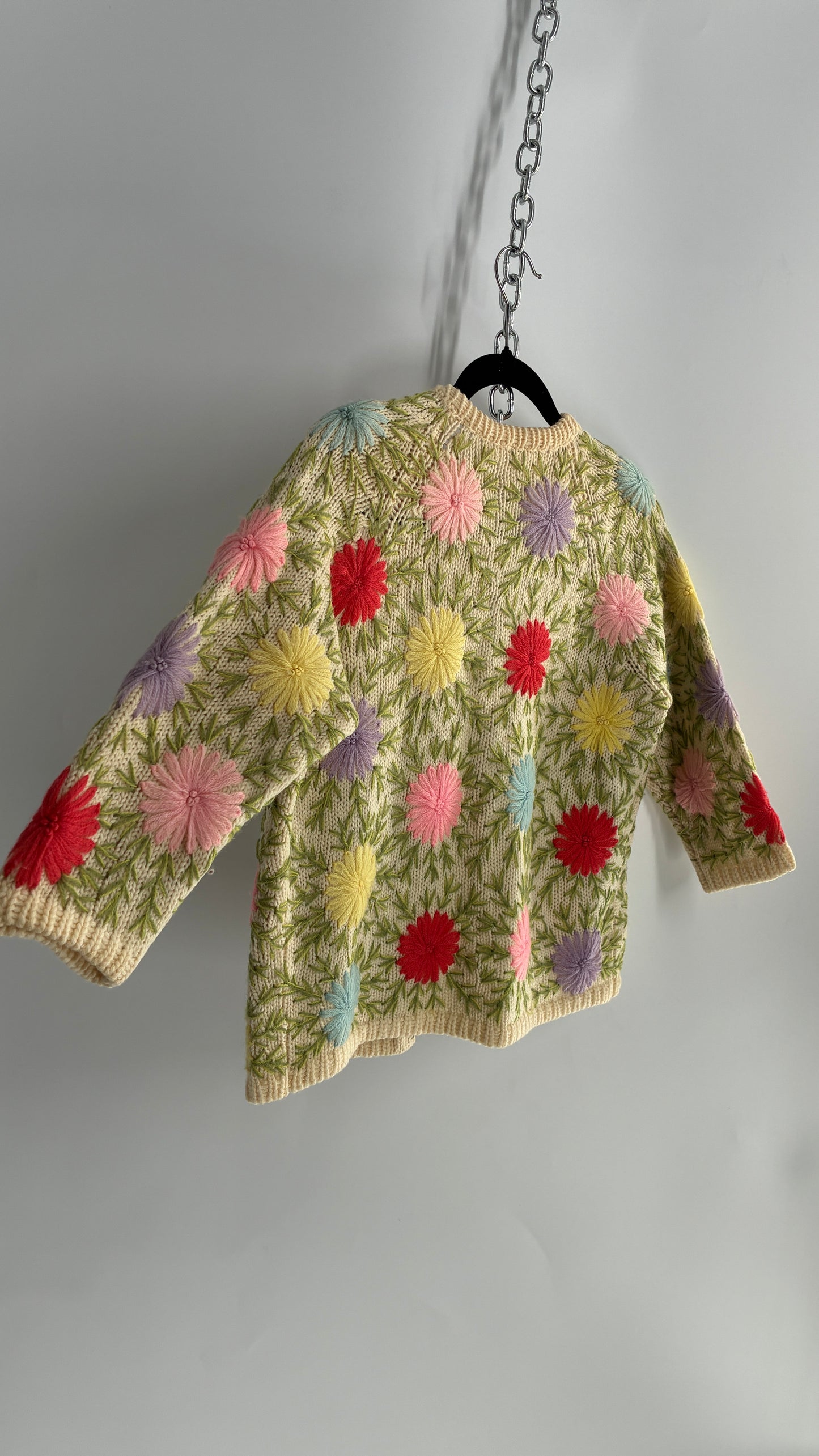 Vintage Hand Knit Beige Cardigan with Colorful Flowers (Small)