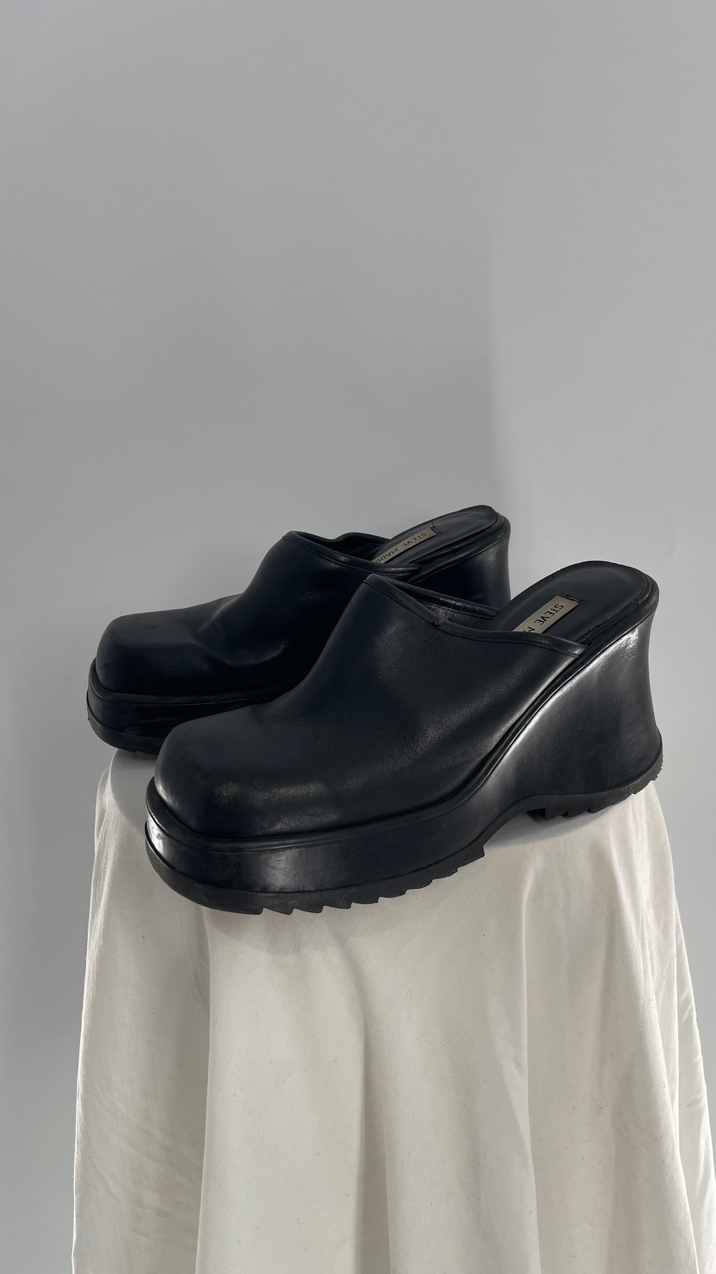 STEVE MADDEN Rare Black Leather Chunky Platform Wedge Clog (10)
