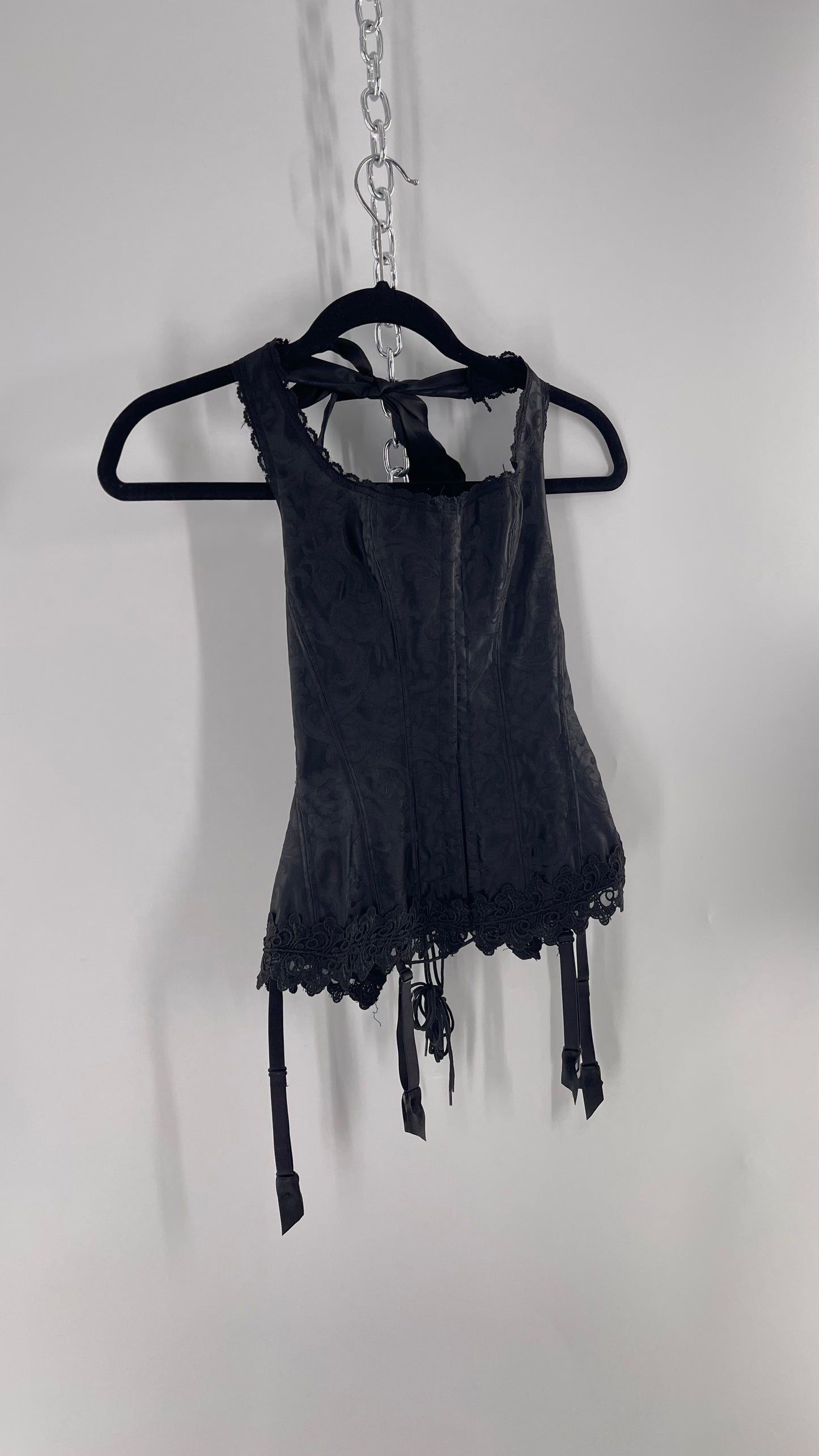 Vintage Fredericks of Hollywood Black Satin Brocade Lace Corset with Lace Tie Halter (32)